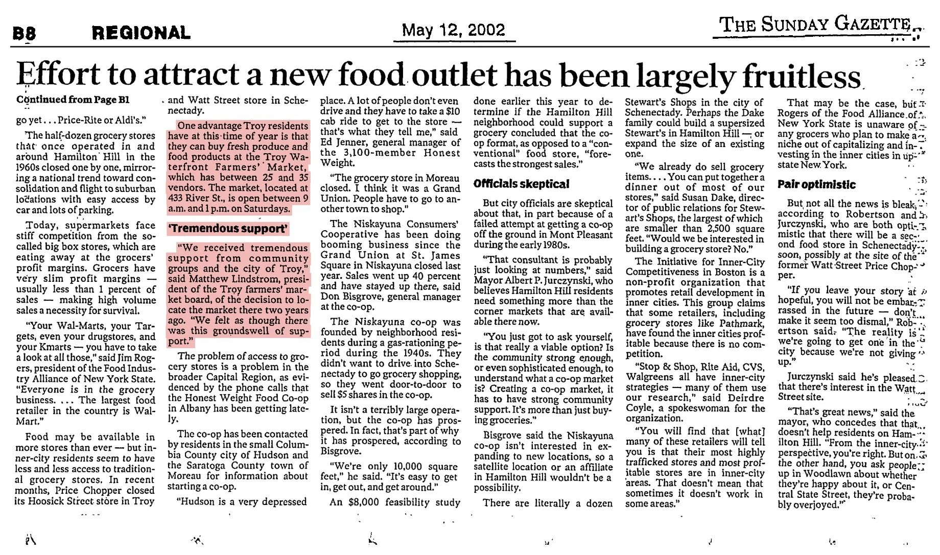 The Sunday Gazette, May 12, 2002, page B8: continuation, “Effort to attract a new food outlet has been largely fruitless,” with the passage on the Troy Waterfront Farmers’ Market and board president Matthew Lindstrom highlighted.