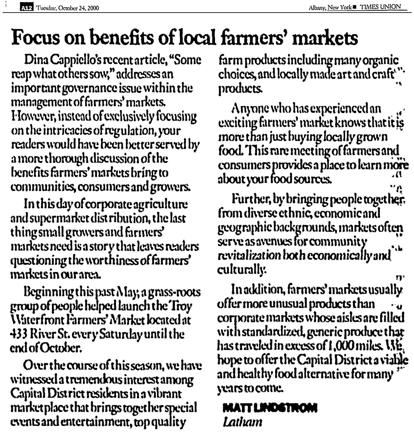Times Union clipping, October 24, 2000, page A12: “Focus on Benefits of Local Farmers’ Markets,” about the Troy Waterfront Farmers Market in Troy.