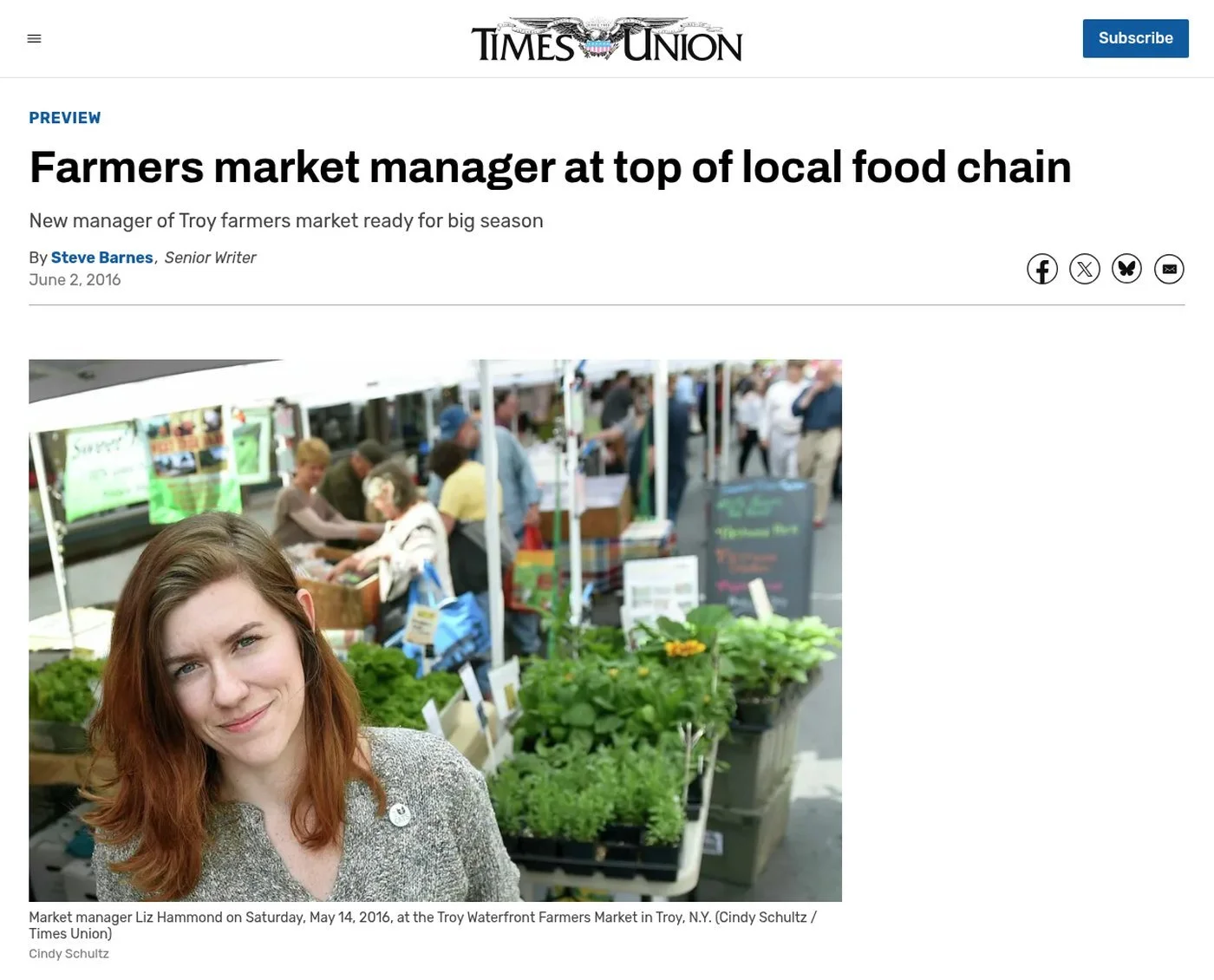 Times Union website, June 2, 2016: ‘Farmers market manager at top of local food chain’ by Steve Barnes