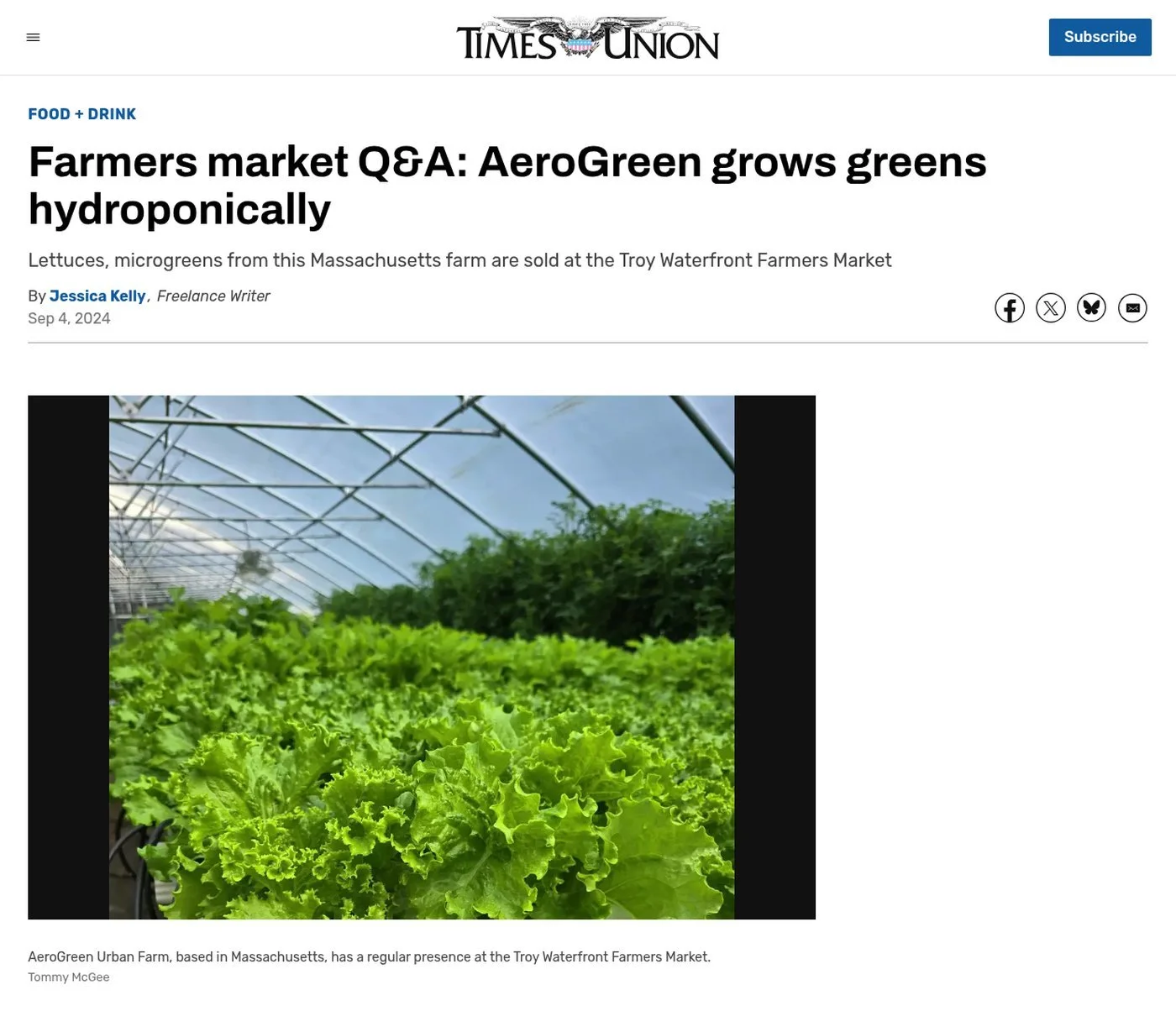 Times Union website, Sept. 4, 2024: ‘Farmers market Q&A: AeroGreen grows greens hydroponically’ by Jessica Kelly