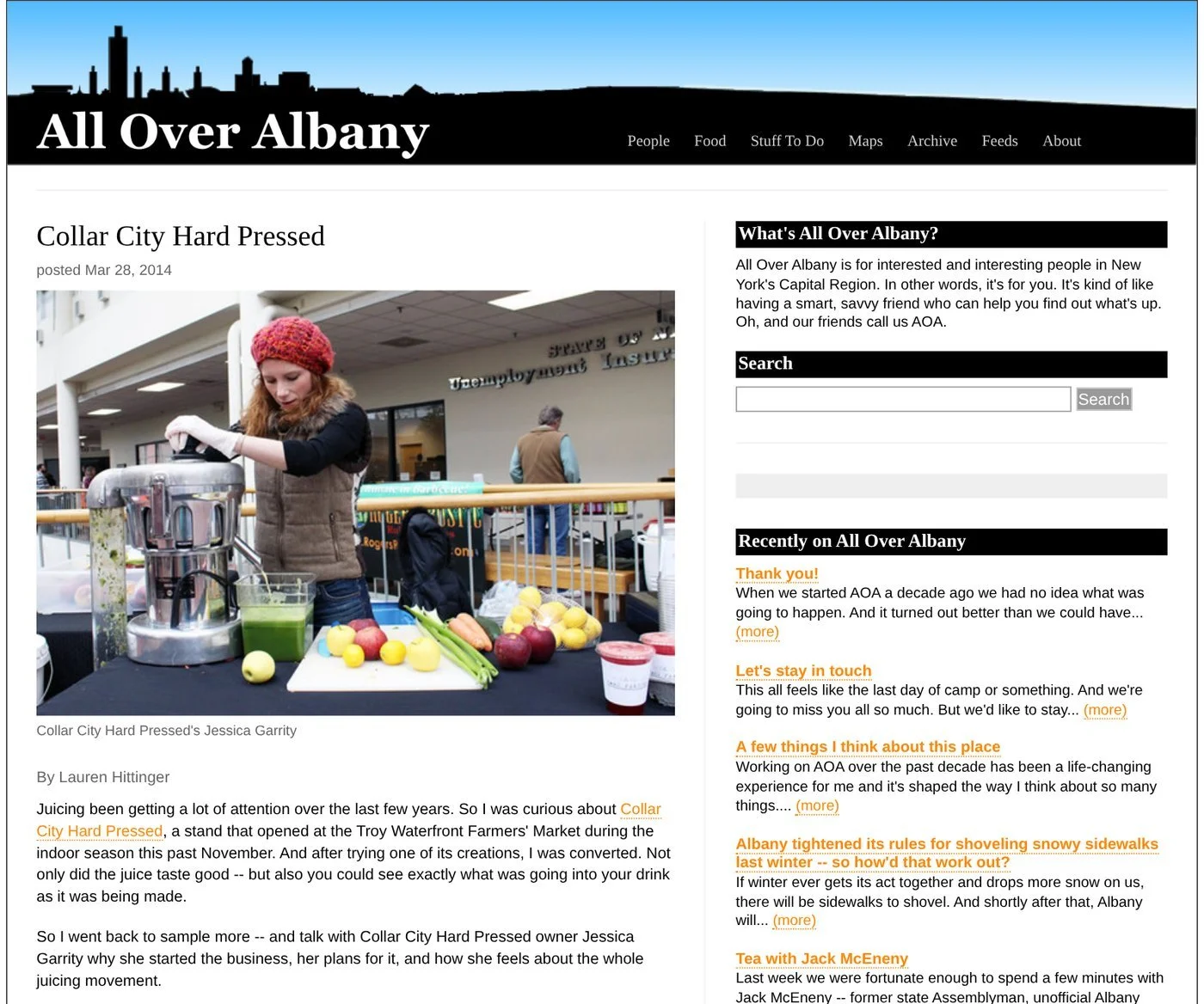 All Over Albany website, March 28, 2014: ‘Collar City Hard Pressed’ by Lauren Hittinger, with a photo of Jessica Garrity