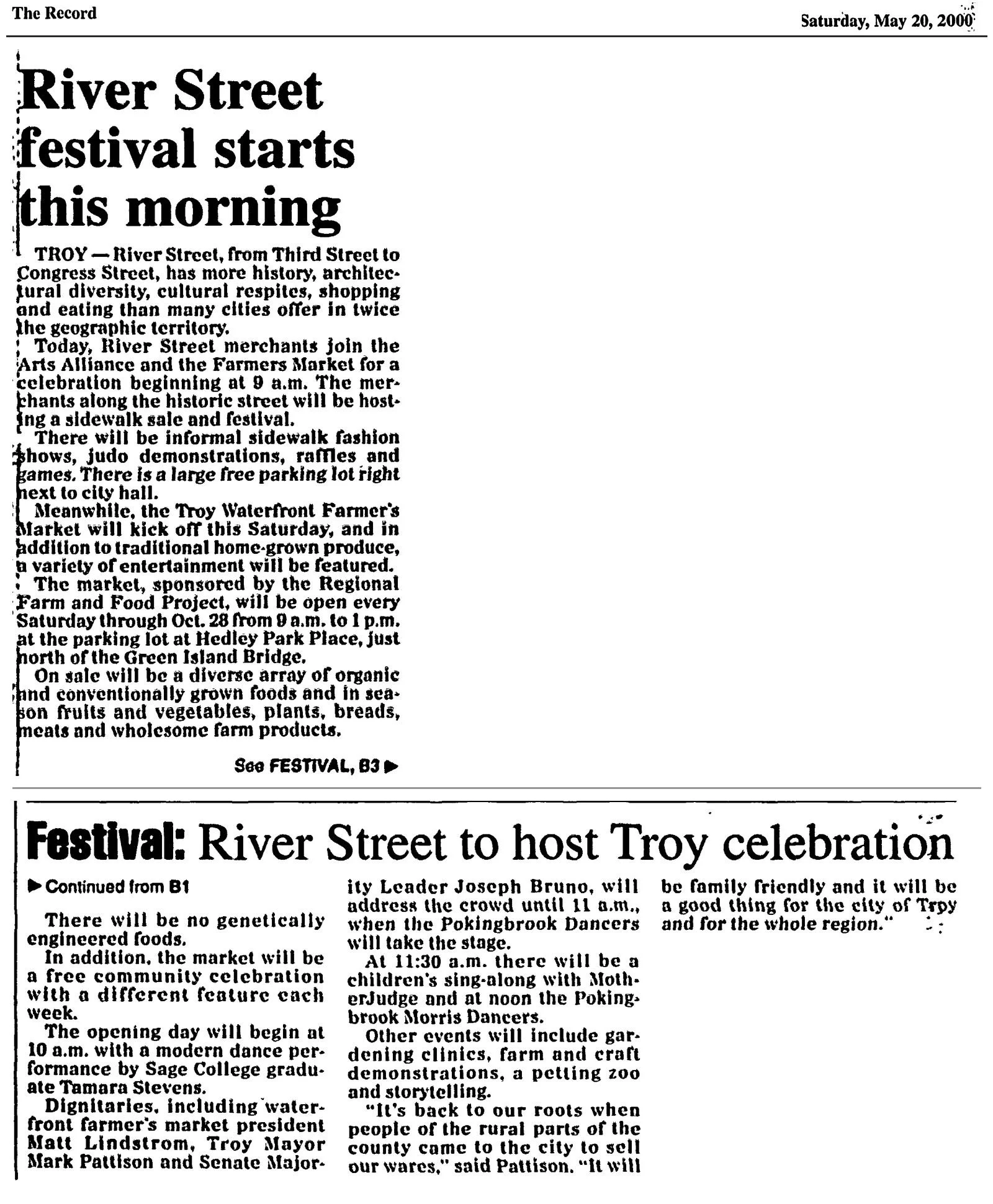 The Record clipping, May 20, 2000, pages B1 and B3: "River Street festival starts this morning," announcing the first day of the Troy Waterfront Farmers Market at the parking lot at Hedley Park Place.