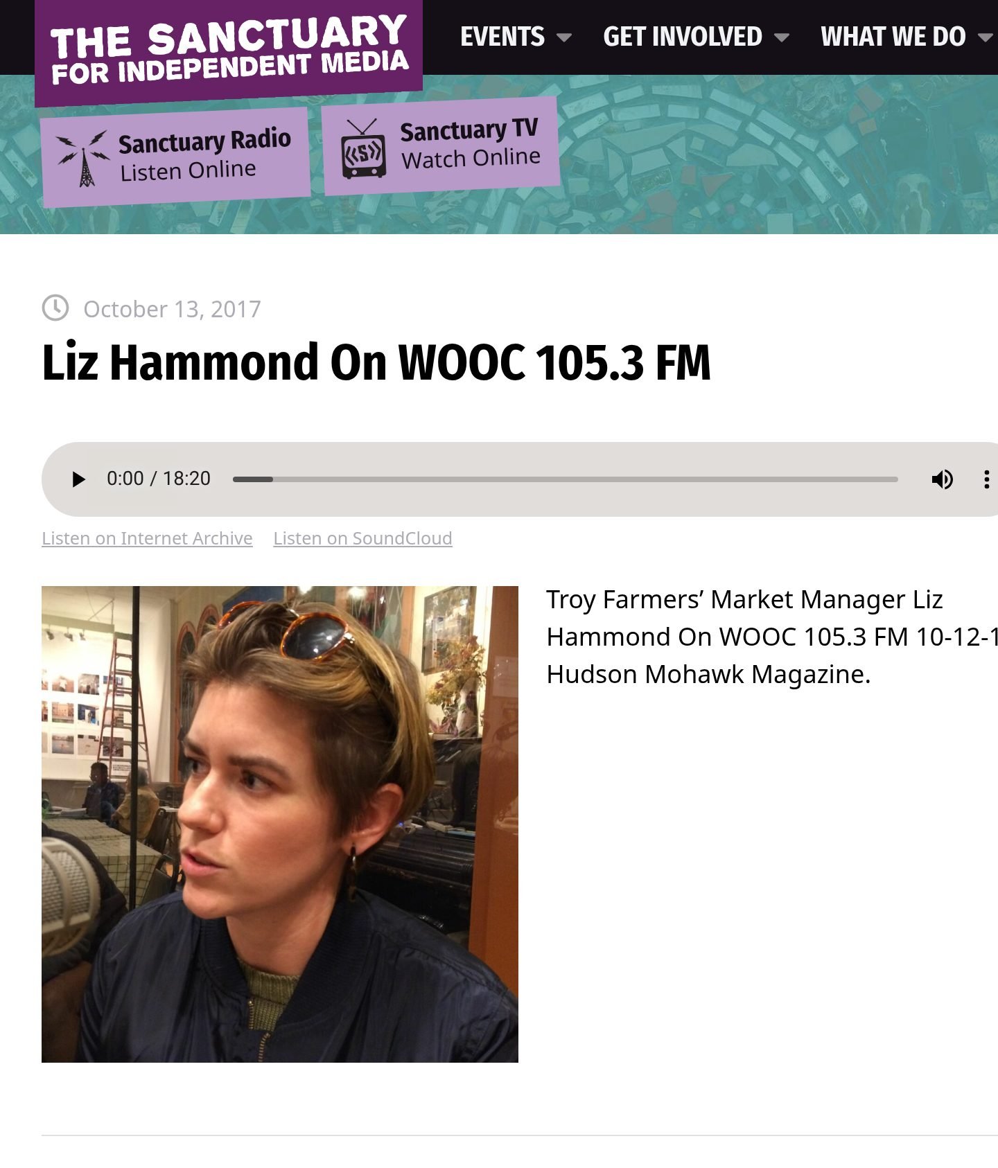 The Sanctuary for Independent Media website, Oct. 13, 2017: ‘Liz Hammond On WOOC 105.3 FM,’ with the story’s audio player (18:20), its artwork and the outlet’s description.