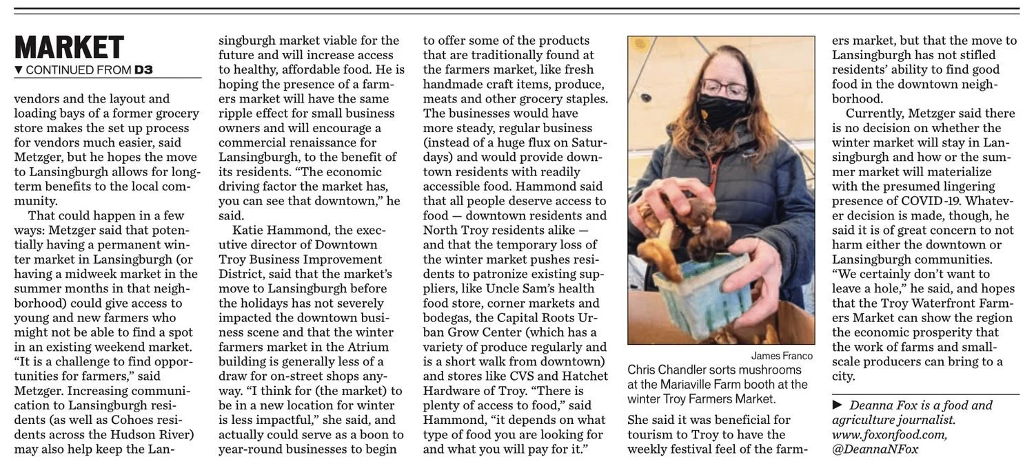 Times Union, Thursday, Feb. 4, 2021, page D4: end of 'Uprooted, but thriving' by Deanna Fox (MARKET, continued from D3), with a James Franco photo of Chris Chandler sorting mushrooms at the Mariaville Farm booth at the winter Troy Farmers Market.