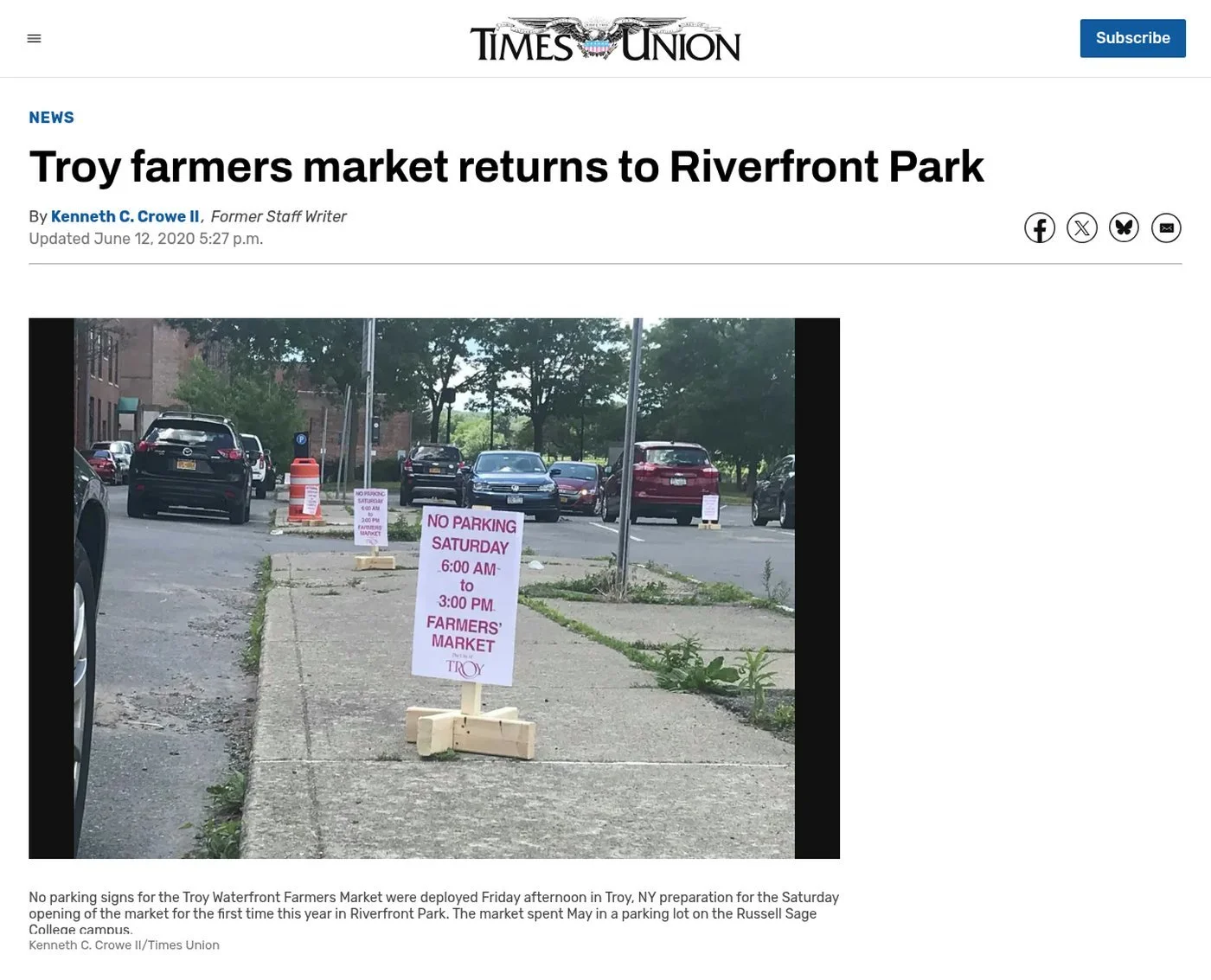 Times Union website, June 12, 2020: ‘Troy farmers market returns to Riverfront Park’ by Kenneth C. Crowe II