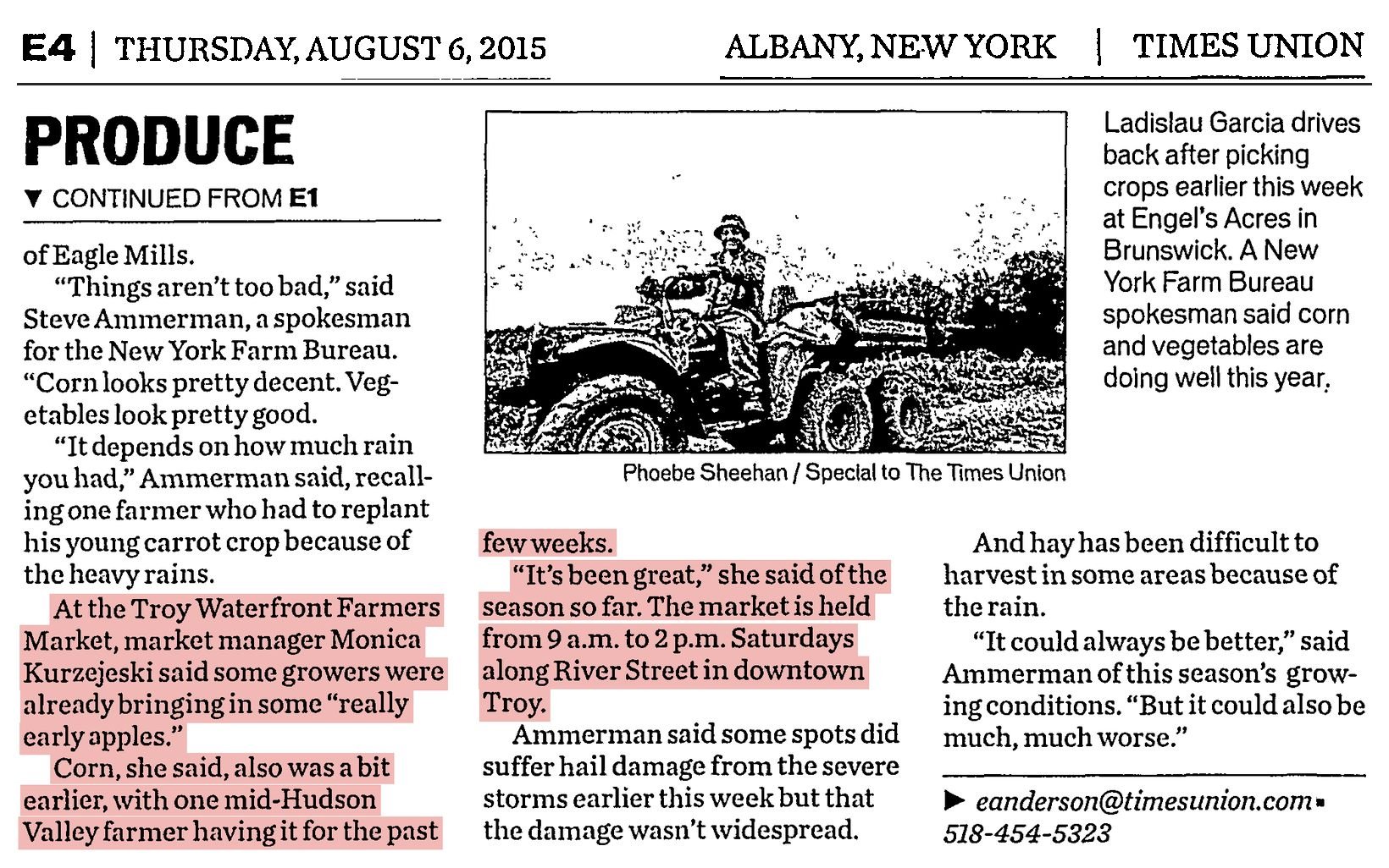 Times Union, Thursday, August 6, 2015, page E4: continuation of the farm story, with the passage quoting Troy Waterfront Farmers Market manager Monica Kurzejeski highlighted.