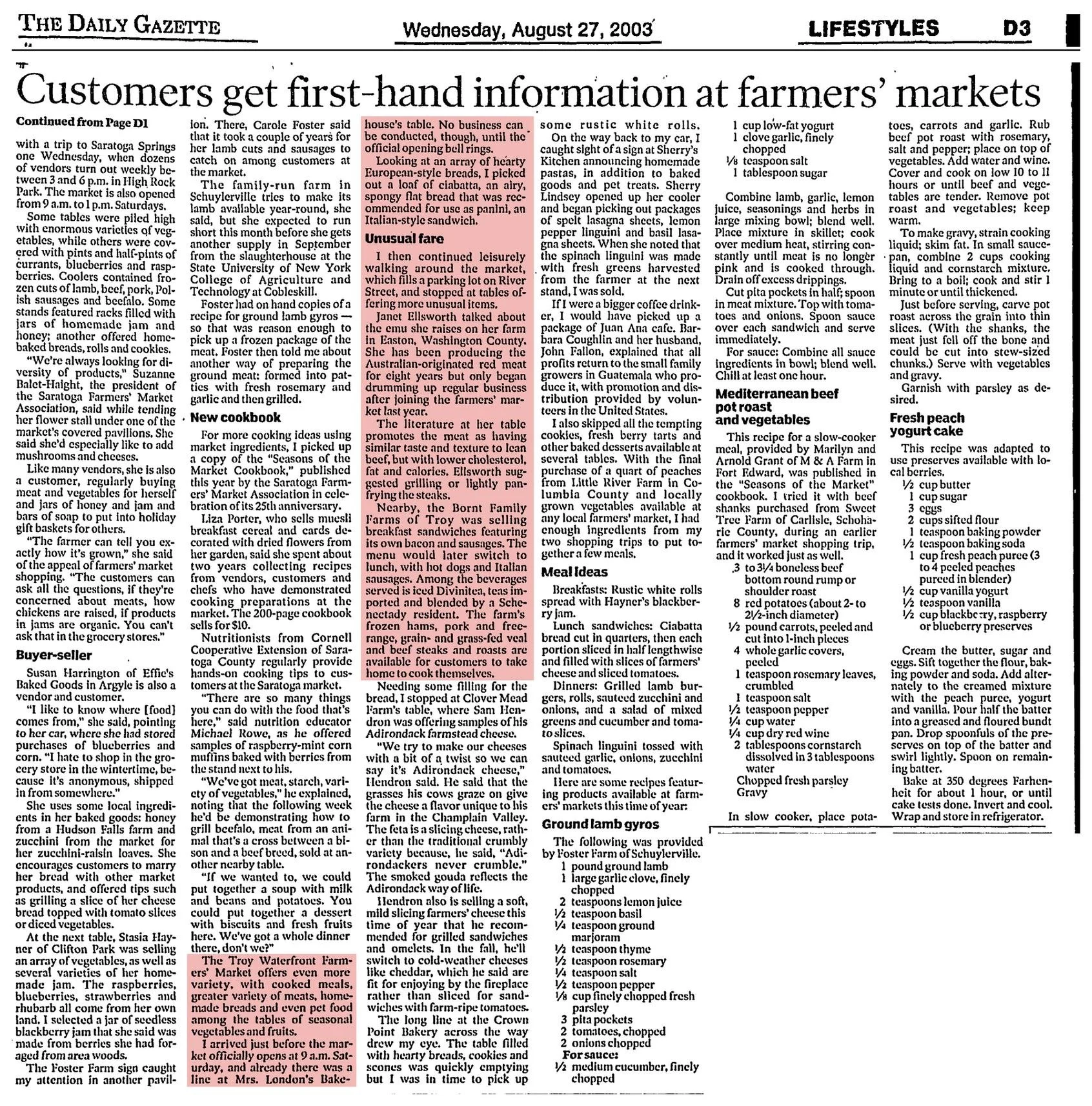 The Daily Gazette, August 27, 2003, page D3: continuation, “Customers get first-hand information at farmers’ markets,” with the Troy Waterfront Farmers’ Market passage highlighted, and recipes.