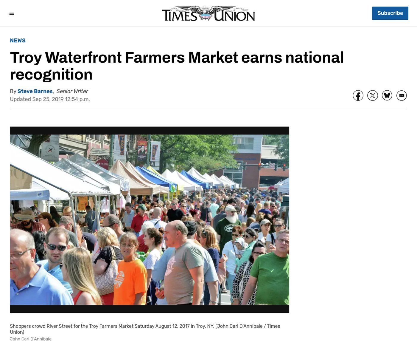 Times Union website, Sept. 25, 2019: ‘Troy Waterfront Farmers Market earns national recognition’ by Steve Barnes