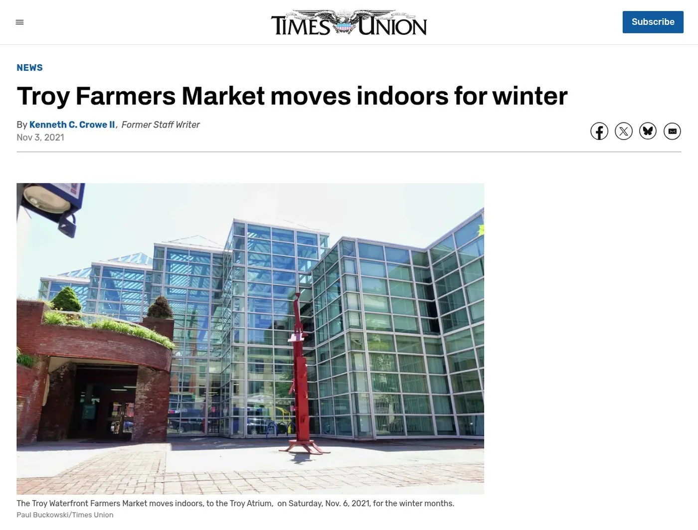 Times Union website, Nov. 3, 2021: ‘Troy Farmers Market moves indoors for winter’ by Kenneth C. Crowe II