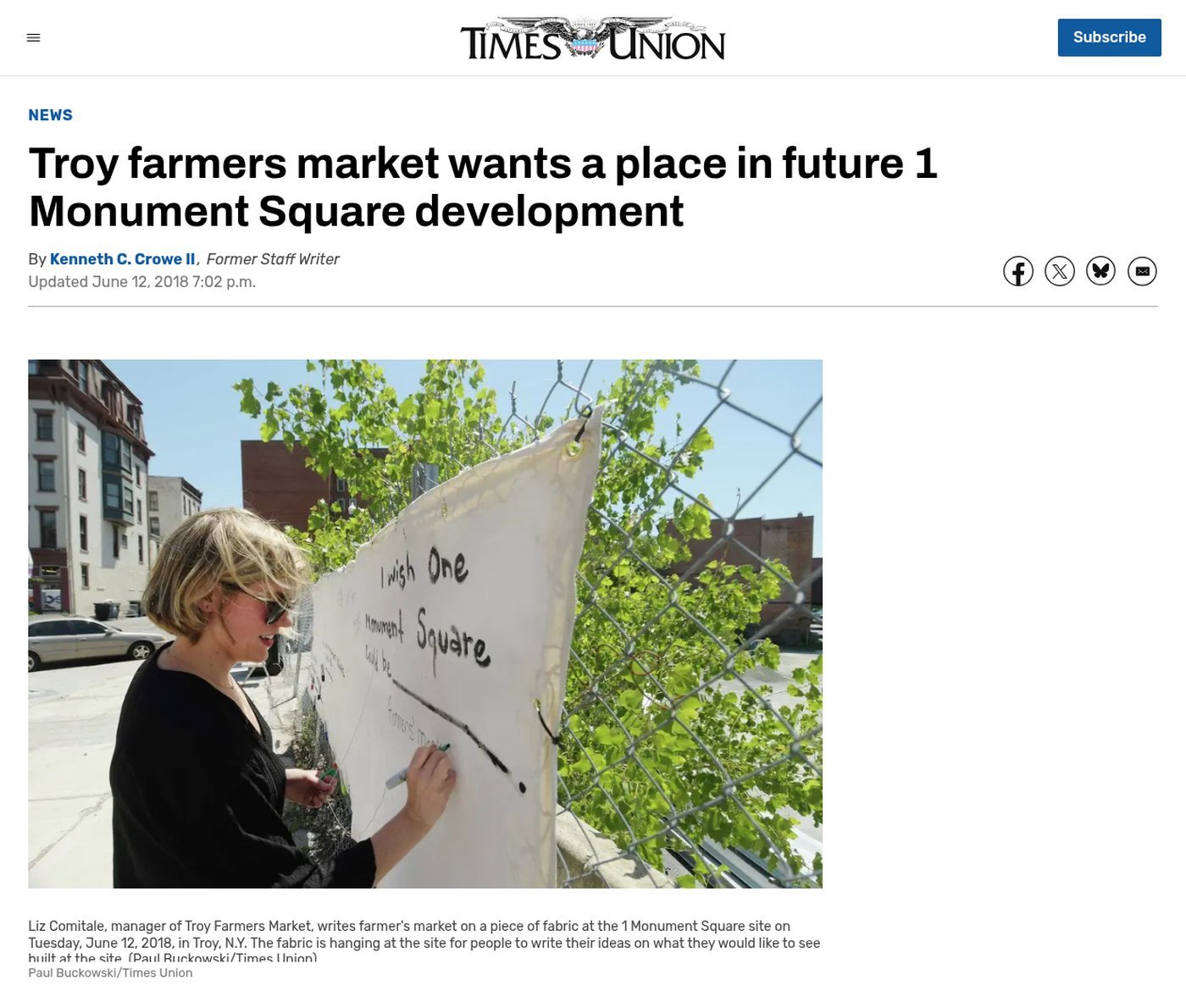 Times Union website, June 12, 2018: ‘Troy farmers market wants a place in future 1 Monument Square development’ by Kenneth C. Crowe II