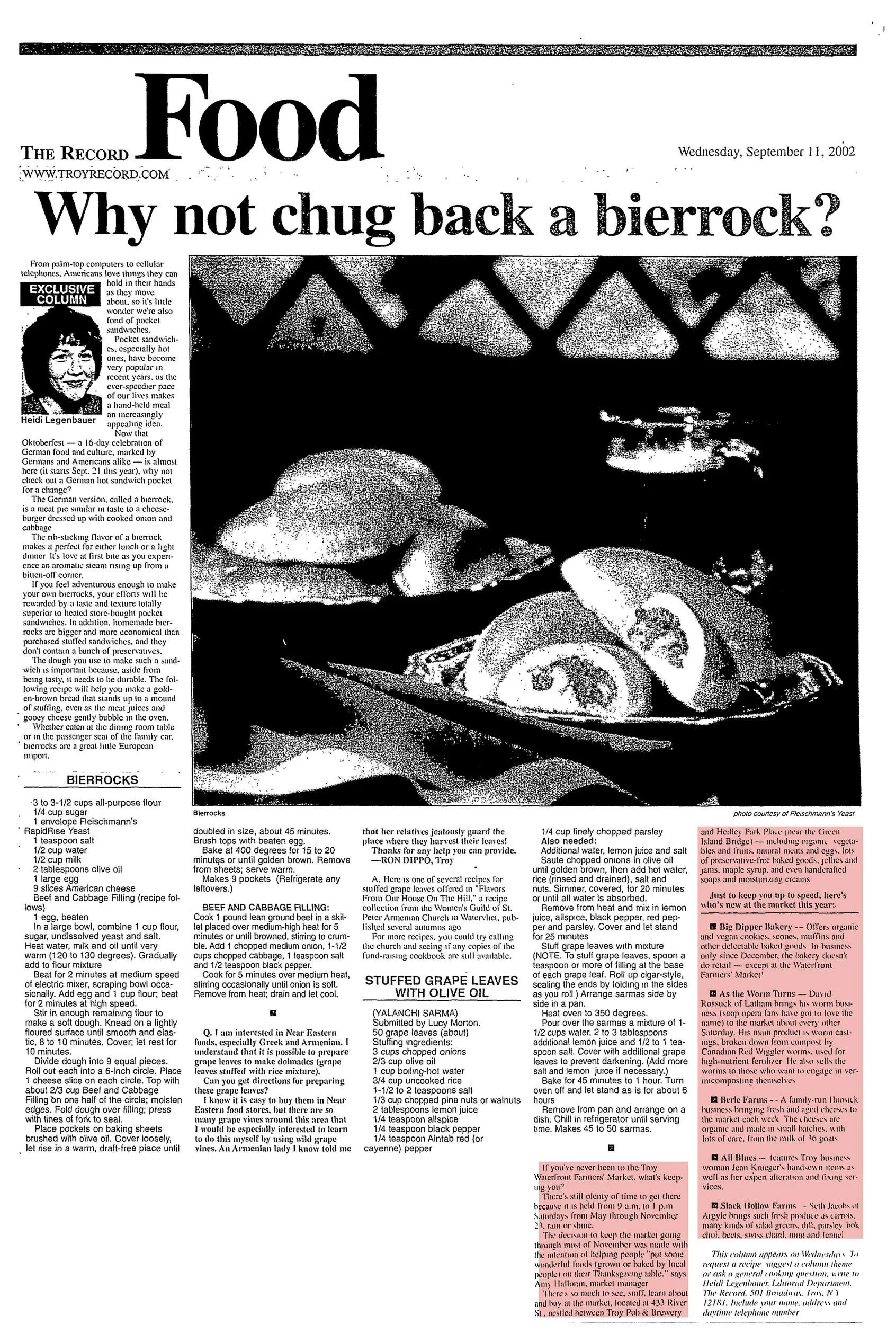 The Record Food section front, Wednesday, September 11, 2002: Heidi Legenbauer’s column “Why not chug back a bierrock?”, ending with a section on the Troy Waterfront Farmers’ Market and its new vendors, highlighted.