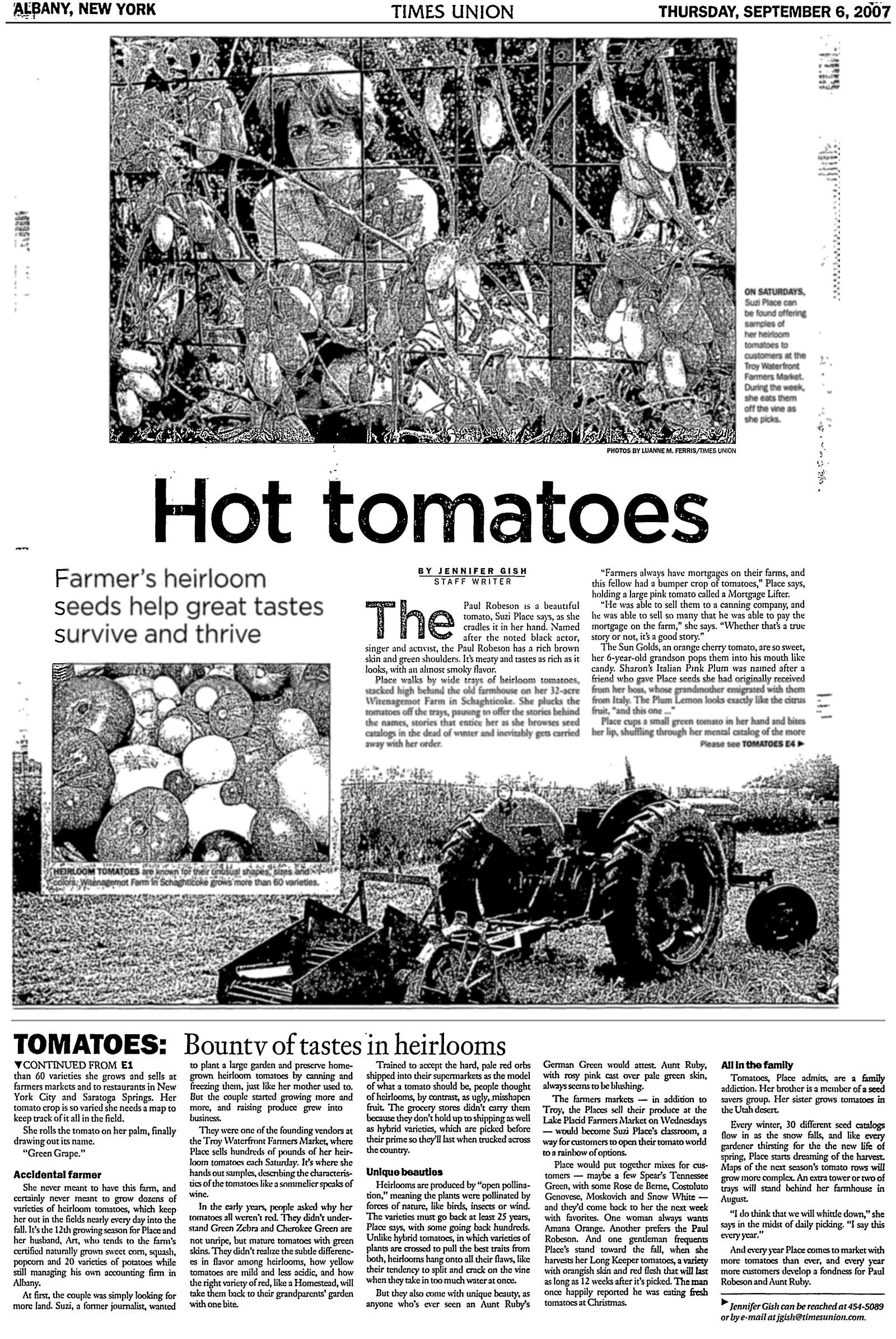 Times Union clipping, September 6, 2007, page E1 (jump to E4): “Hot Tomatoes,” about the Troy Waterfront Farmers Market in Troy.