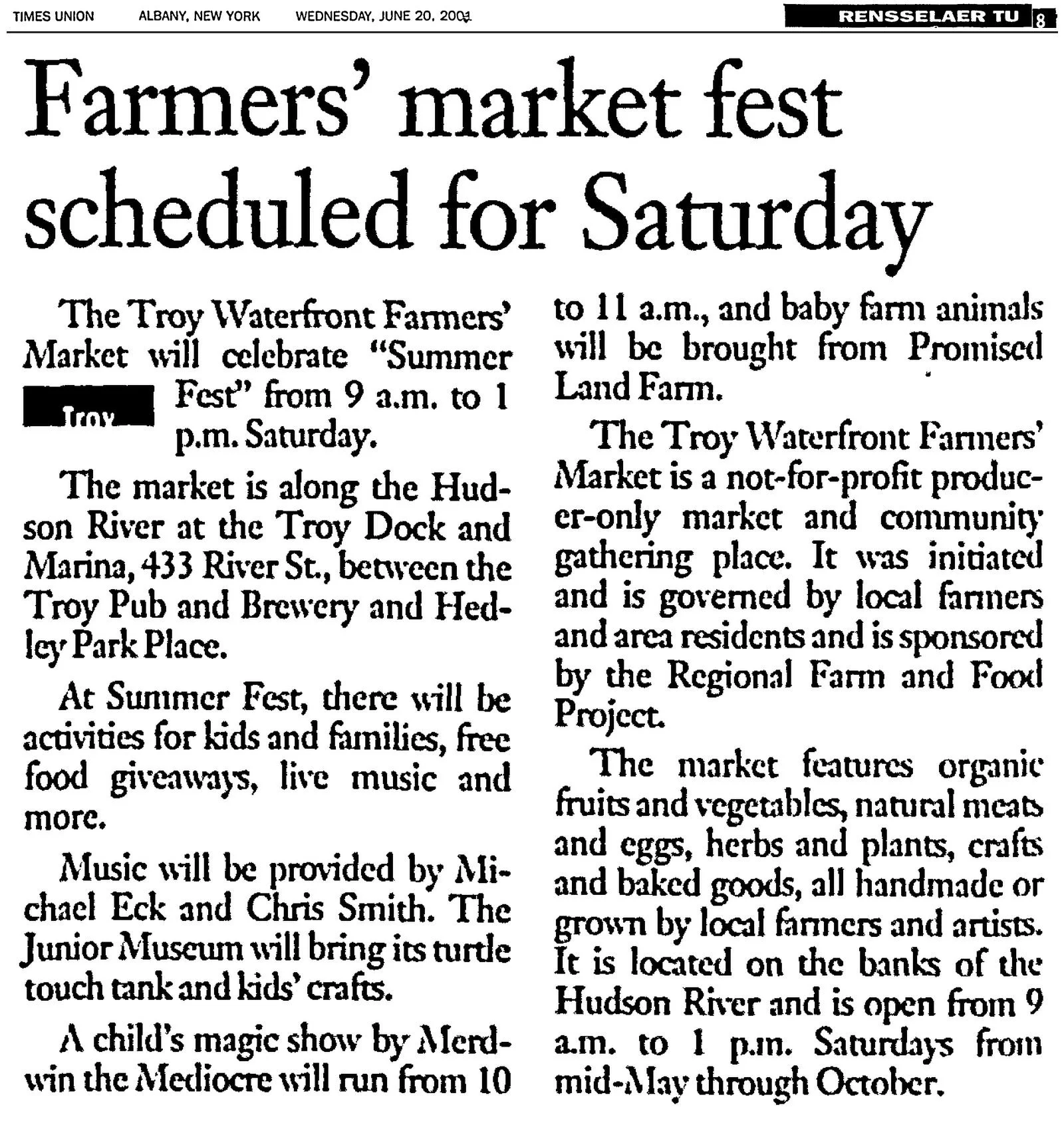 Times Union clipping, June 20, 2001, Rensselaer TU, p. 8: “Farmers’ Market Fest Scheduled for Saturday,” about the Troy Waterfront Farmers Market in Troy.