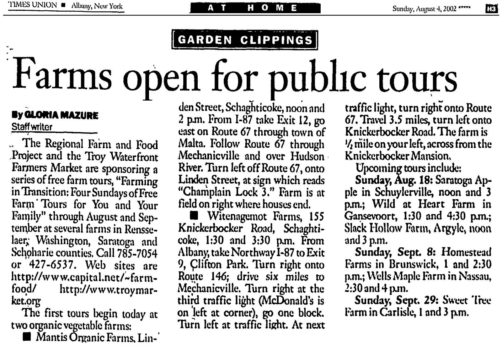 Times Union clipping, August 4, 2002, page H3: “Farms Open for Public Tours,” about the Troy Waterfront Farmers Market in Troy.
