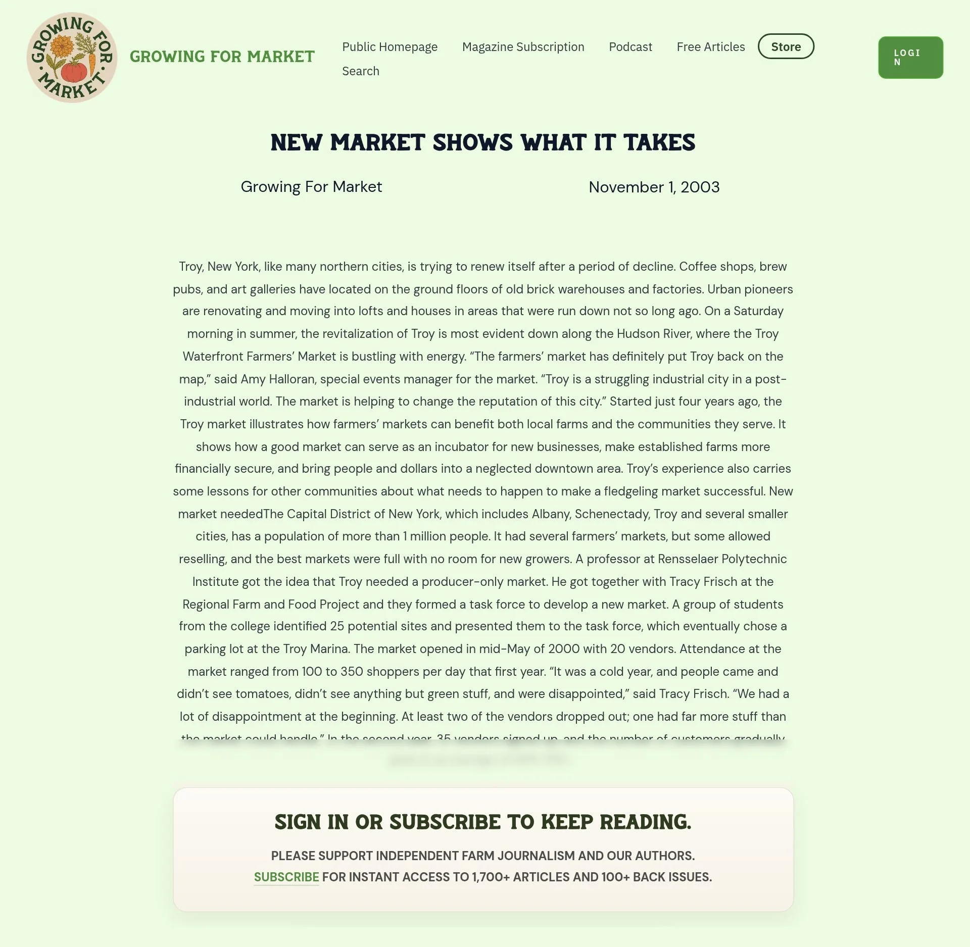 Growing for Market website, November 1, 2003: 'New market shows what it takes,' an article about the Troy Waterfront Farmers' Market opening with Troy's revival after a period of decline.