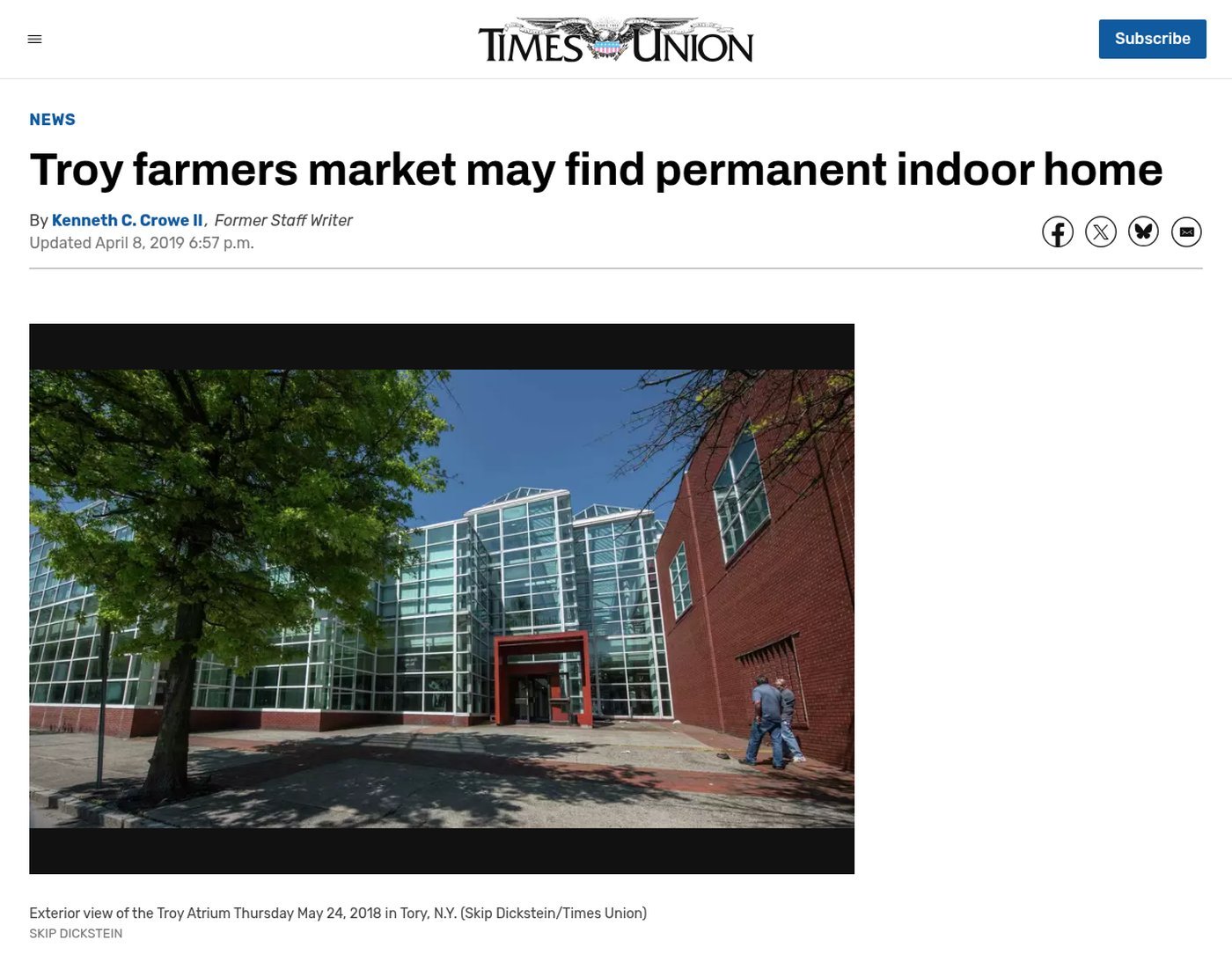 Times Union website, April 8, 2019: ‘Troy farmers market may find permanent indoor home’ by Kenneth C. Crowe II