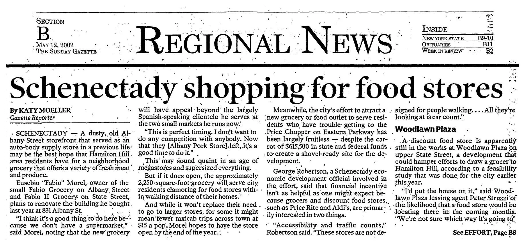 The Sunday Gazette Regional News front, May 12, 2002, page B1: “Schenectady shopping for food stores” by Katy Moeller.