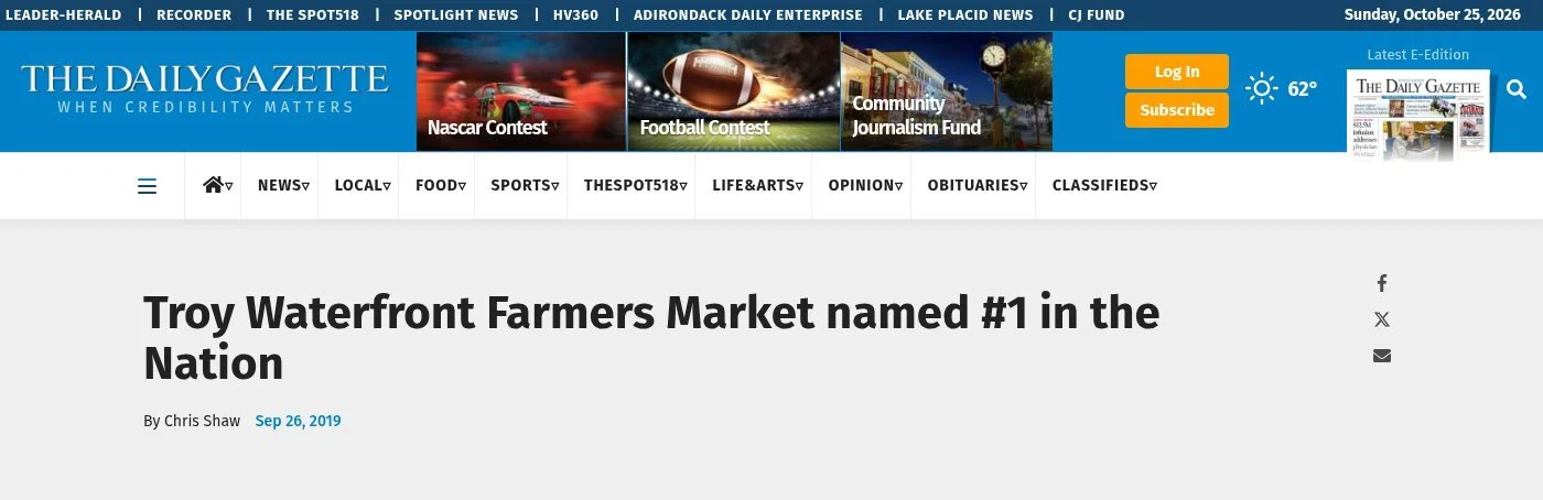 The Daily Gazette website, Sept. 26, 2019: 'Troy Waterfront Farmers Market named #1 in the Nation' by Chris Shaw, with the headline and byline under the Gazette's masthead.