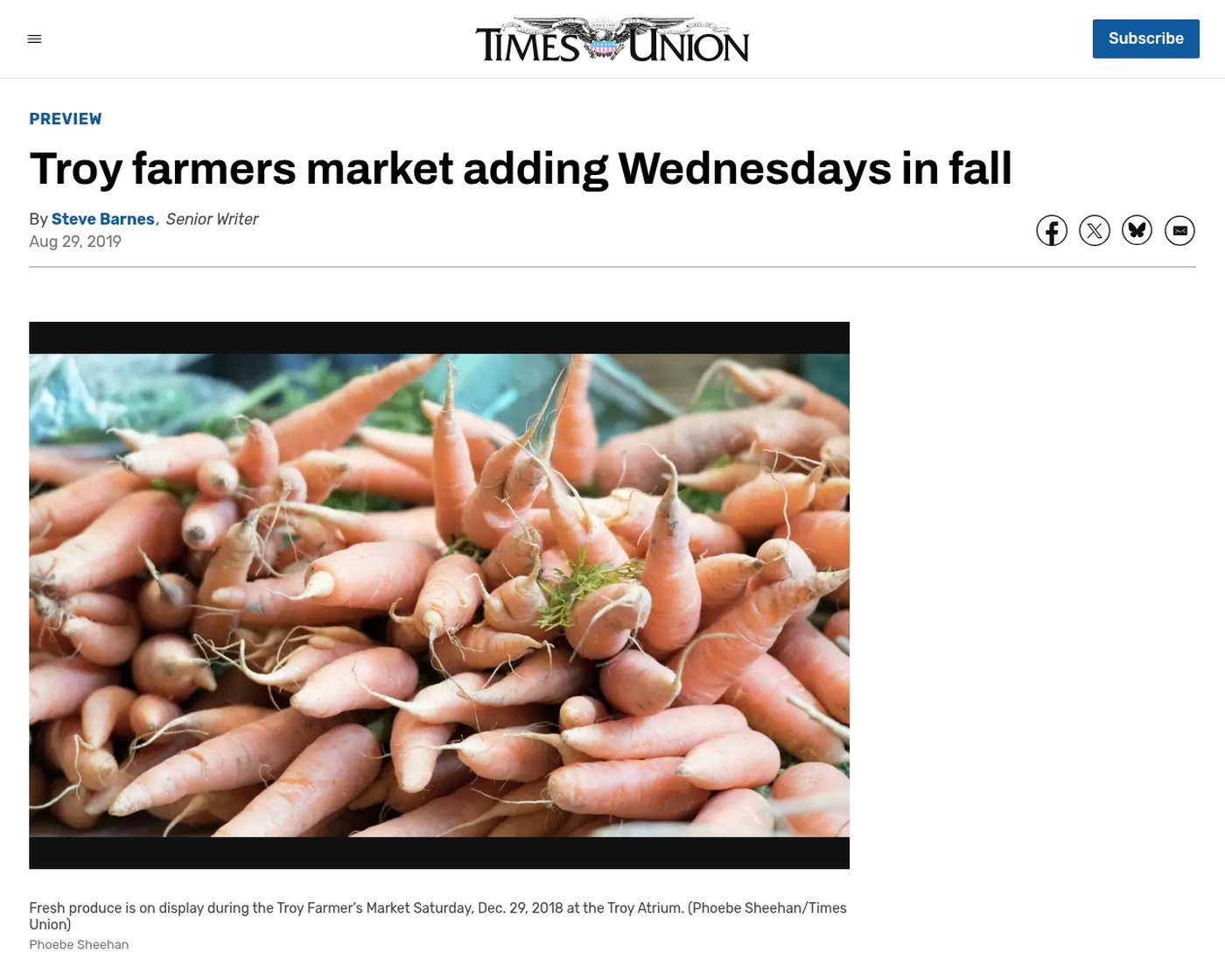 Times Union website, Aug. 29, 2019: ‘Troy farmers market adding Wednesdays in fall’ by Steve Barnes