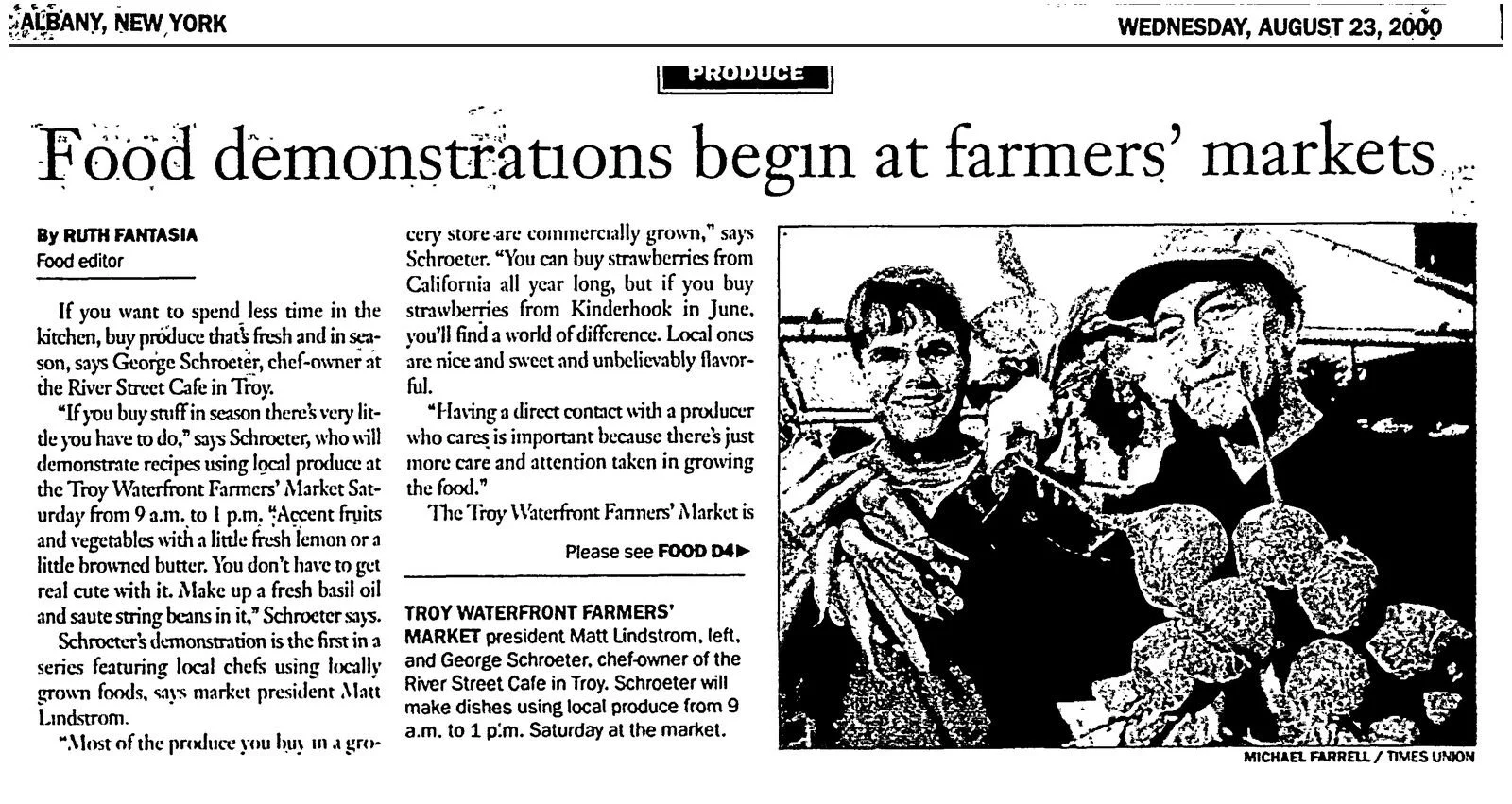 Times Union clipping, August 23, 2000, page D1 (jump to D4): “Food Demonstrations Begin at Farmers’ Markets,” about the Troy Waterfront Farmers Market in Troy.