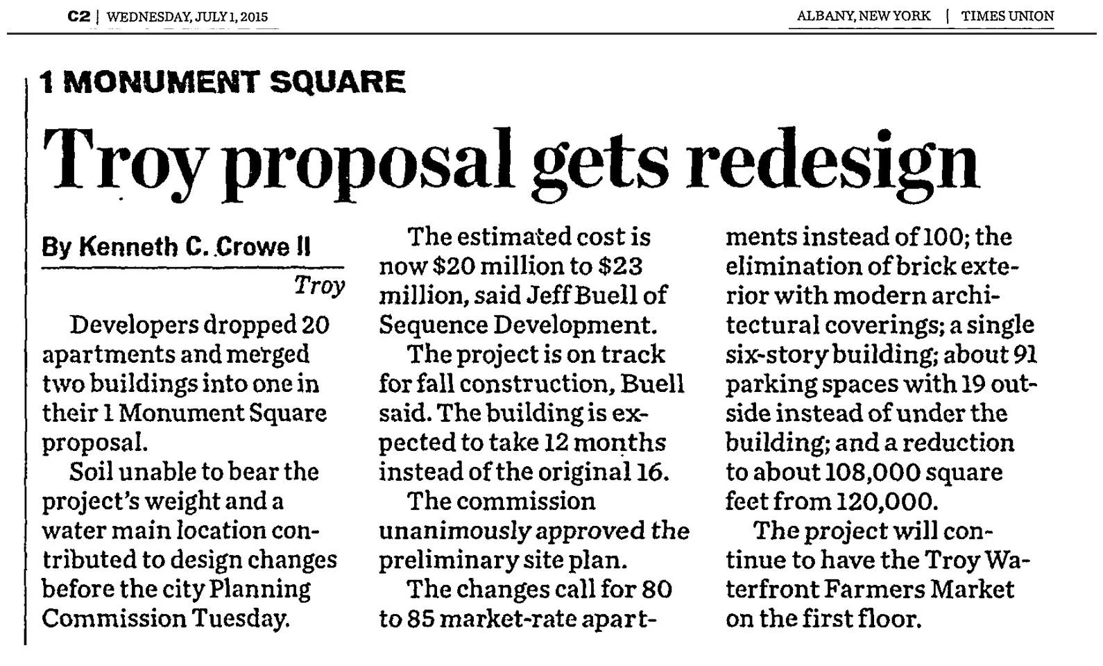 Times Union clipping, July 1, 2015, page C2: “Troy Proposal Gets Redesign,” which mentions the Troy Waterfront Farmers Market in Troy.