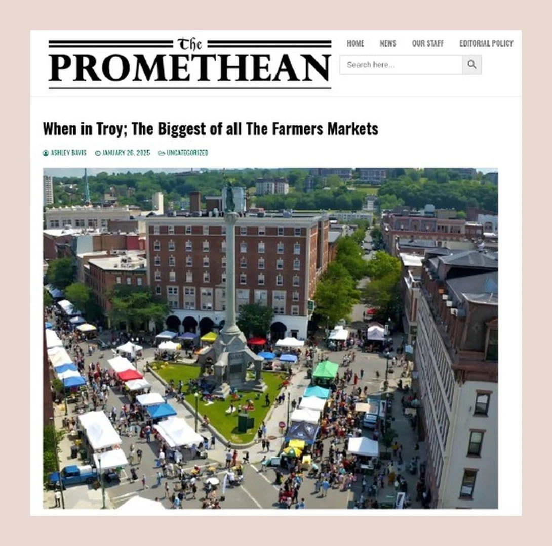 The Promethean website, January 26, 2025: “When in Troy; The Biggest of all The Farmers Markets” by Ashley Bavis, with an aerial photo of the market around Monument Square.