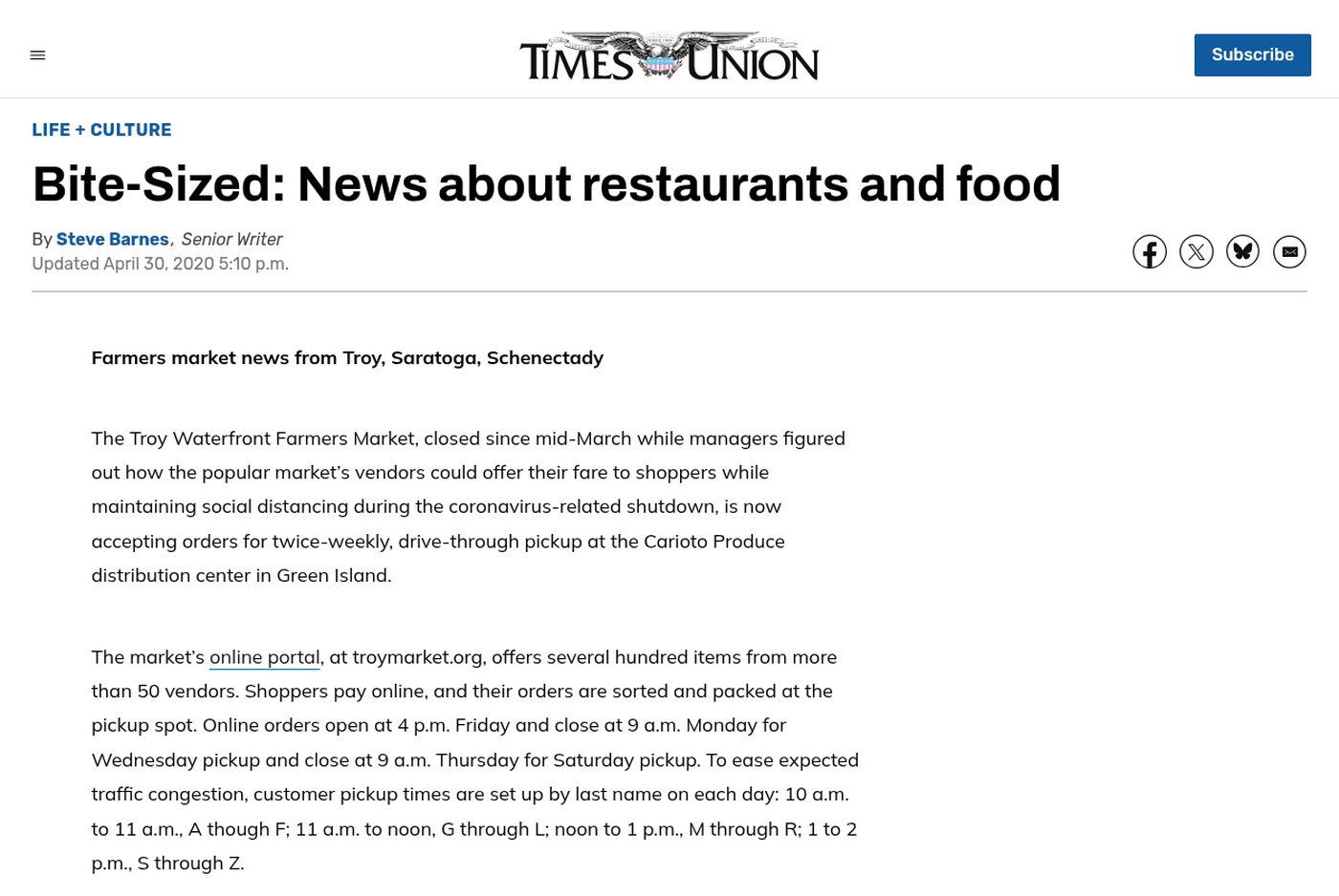 Times Union website, April 28, 2020: ‘Bite-Sized: News about restaurants and food’ by Steve Barnes, showing the column’s lead item, ‘Farmers market news from Troy, Saratoga, Schenectady’