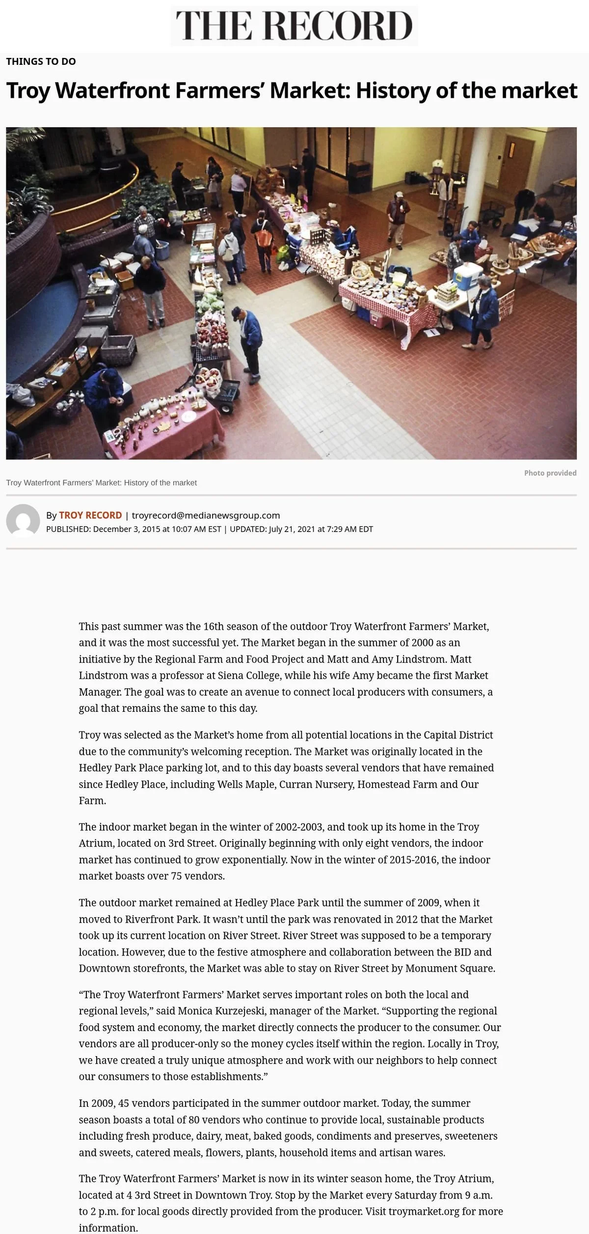 The Record website, December 3, 2015: 'Troy Waterfront Farmers' Market: History of the market,' with an overhead photo of the early indoor market in the Troy Atrium, tracing the market's history since 2000.