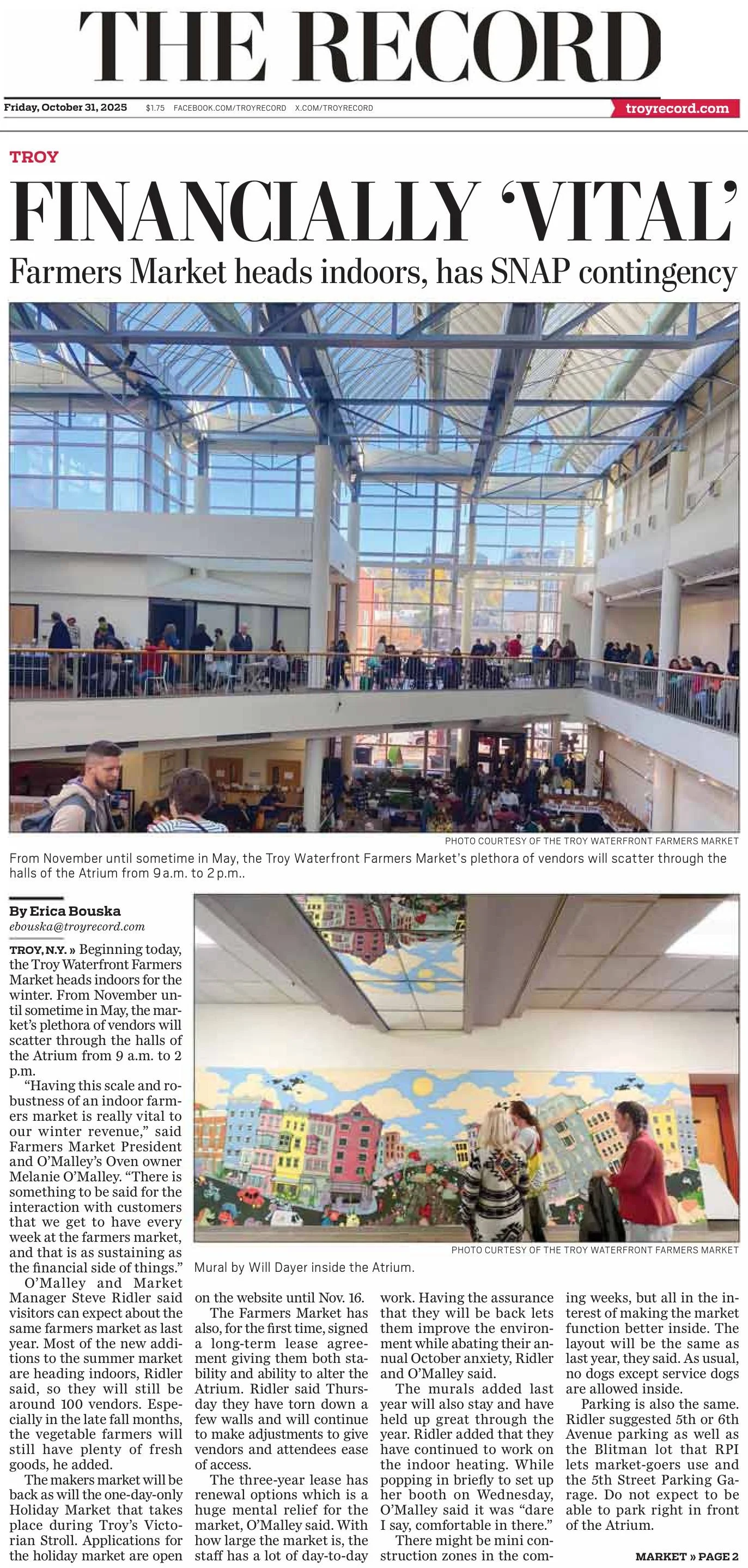 The Record front page, Friday, Oct. 31, 2025: “Financially ‘Vital’” by Erica Bouska, with a photo of vendors and shoppers filling the Atrium under its glass roof, and a mural by Will Dayer.