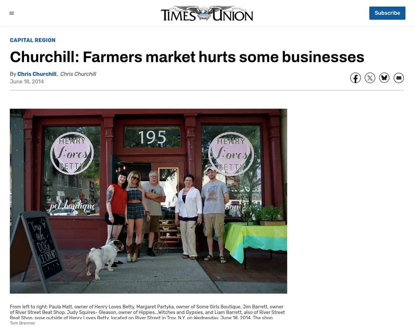Times Union website, June 18, 2014: ‘Churchill: Farmers market hurts some businesses’ by Chris Churchill