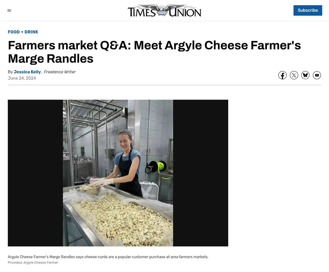 Times Union website, June 24, 2024: ‘Farmers market Q&A: Meet Argyle Cheese Farmer's Marge Randles’ by Jessica Kelly