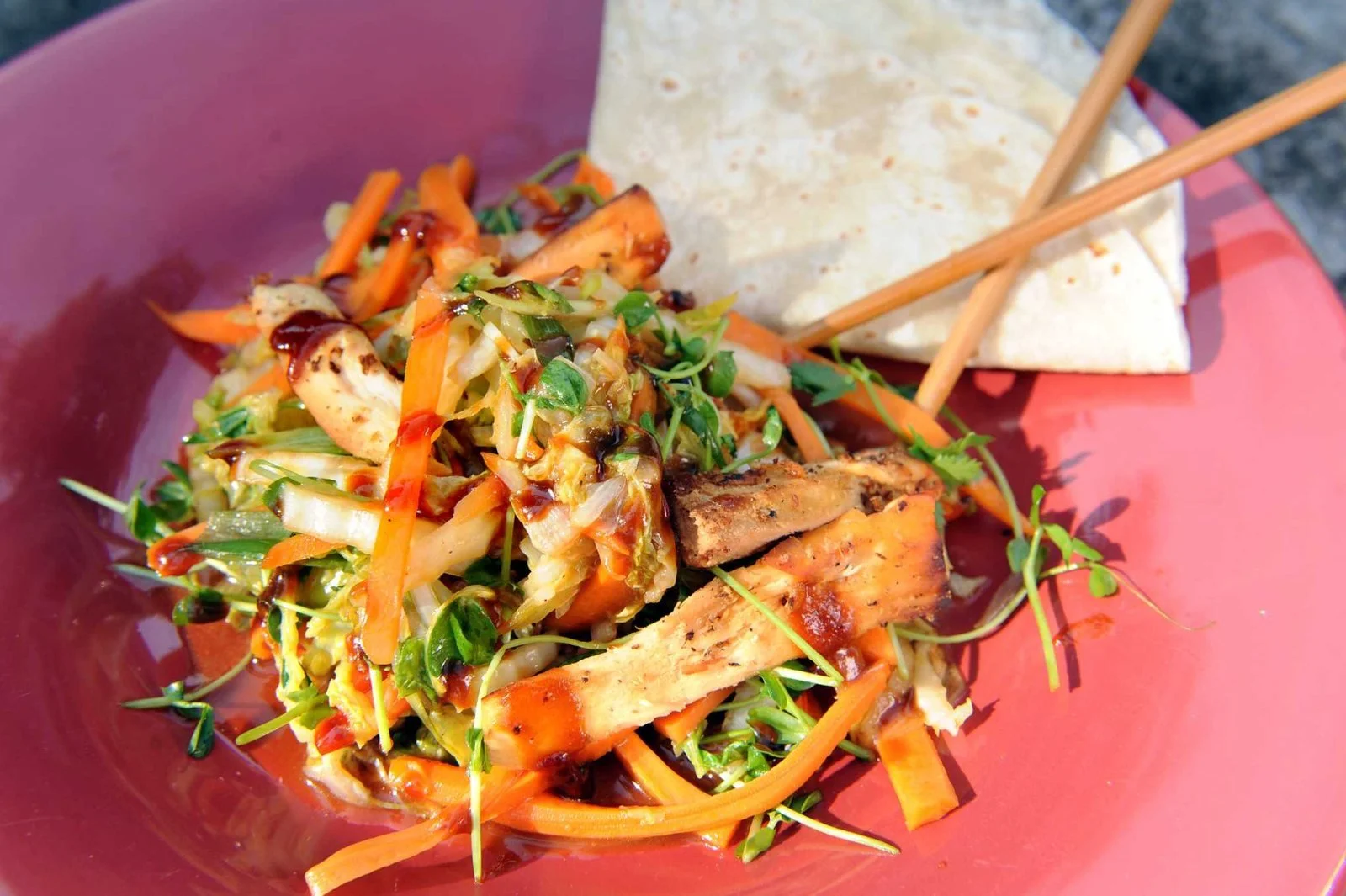 Color photo as published on timesunion.com with the online version of the story: Moo Shu Mushrooms made with chicken of the woods mushrooms, August 29, 2015. Photo by Cindy Schultz, Times Union.