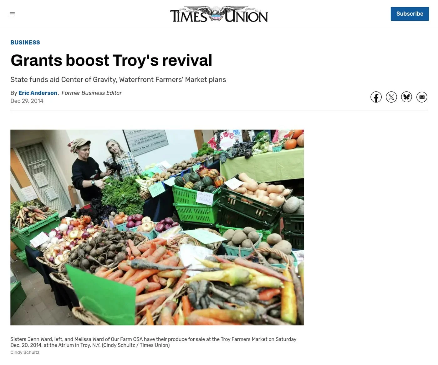 Times Union website, Dec. 29, 2014: ‘Grants boost Troy’s revival’ by Eric Anderson, with a photo of Our Farm CSA’s produce at the Troy Farmers Market in the Atrium