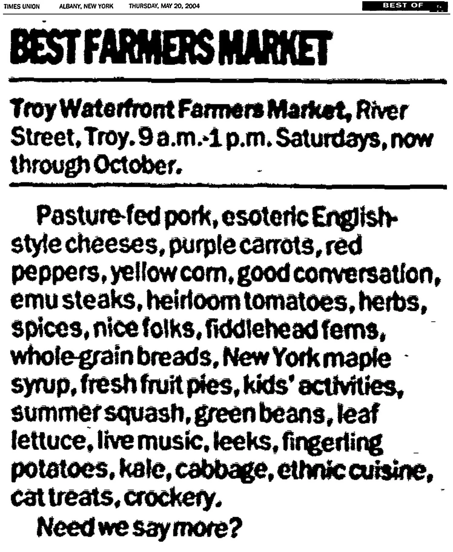 Times Union clipping, May 20, 2004, Best Of: “Best Farmers Market,” about the Troy Waterfront Farmers Market in Troy.
