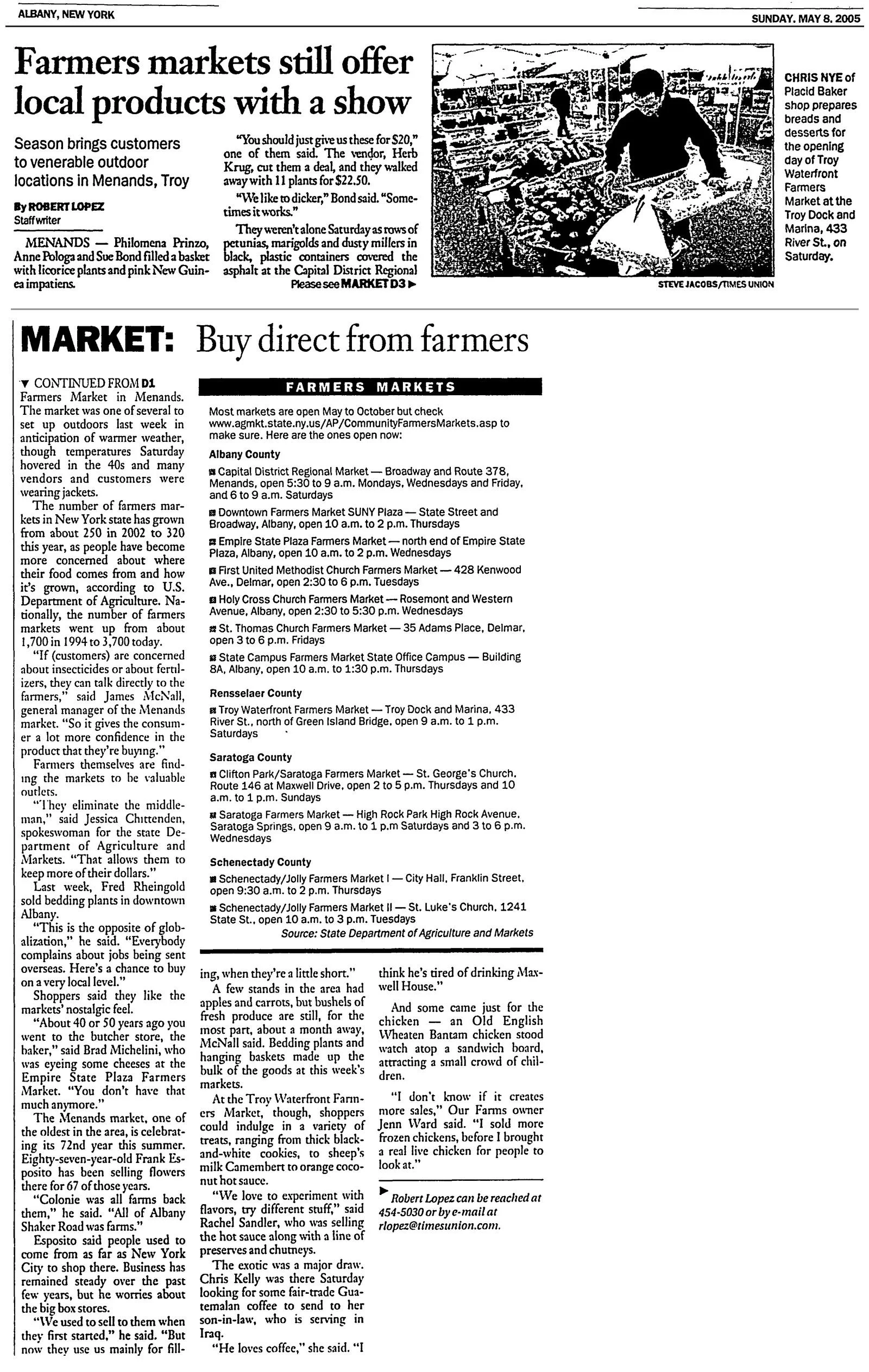Times Union clipping, May 8, 2005, page D1 (jump to D3): “Farmers Markets Still Offer Local Products With a Show,” about the Troy Waterfront Farmers Market in Troy.