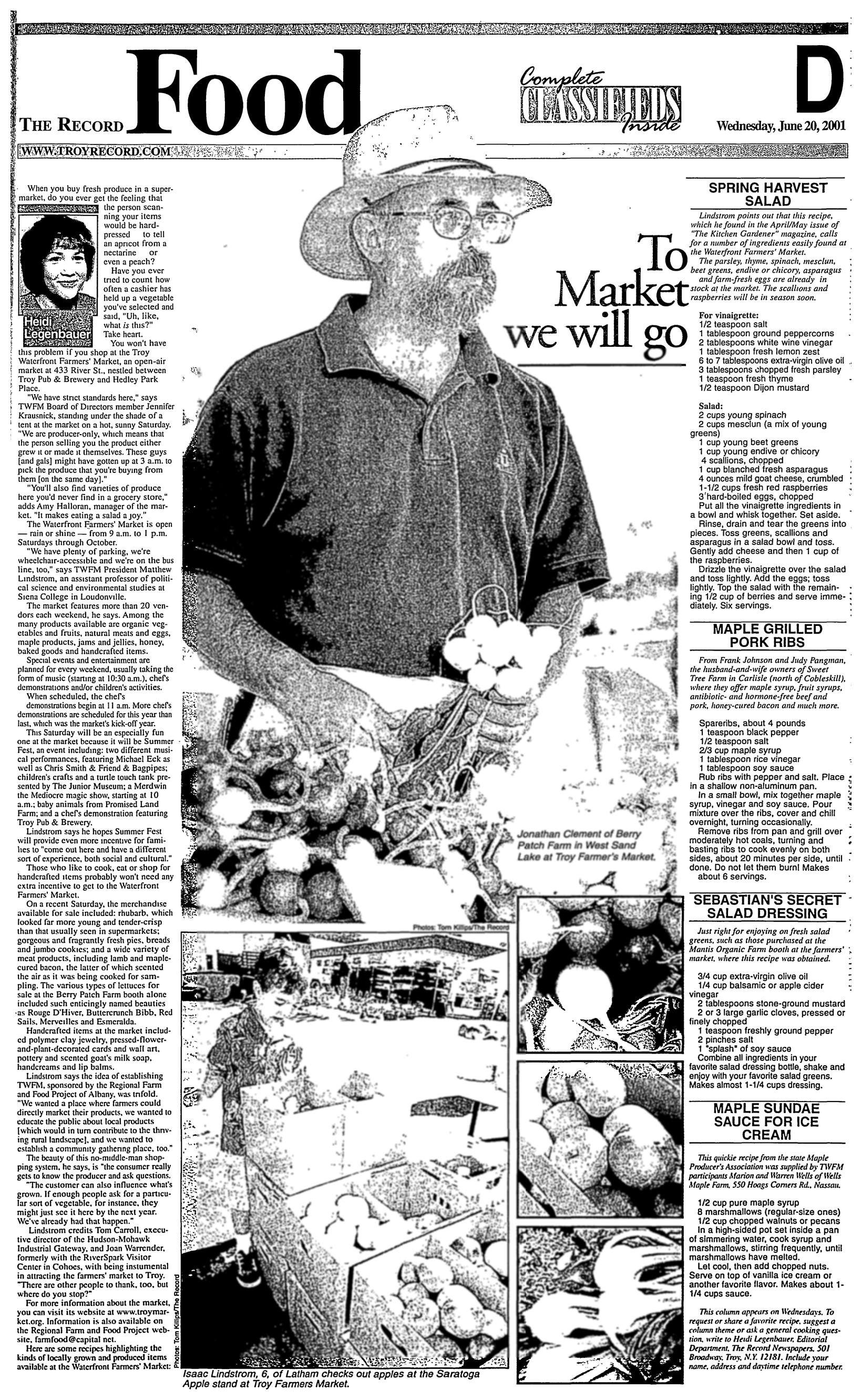 The Record Food section front, June 20, 2001, page D1: "To Market we will go" by Heidi Legenbauer, a full-page feature on the Troy Waterfront Farmers' Market with photos and vendor recipes.