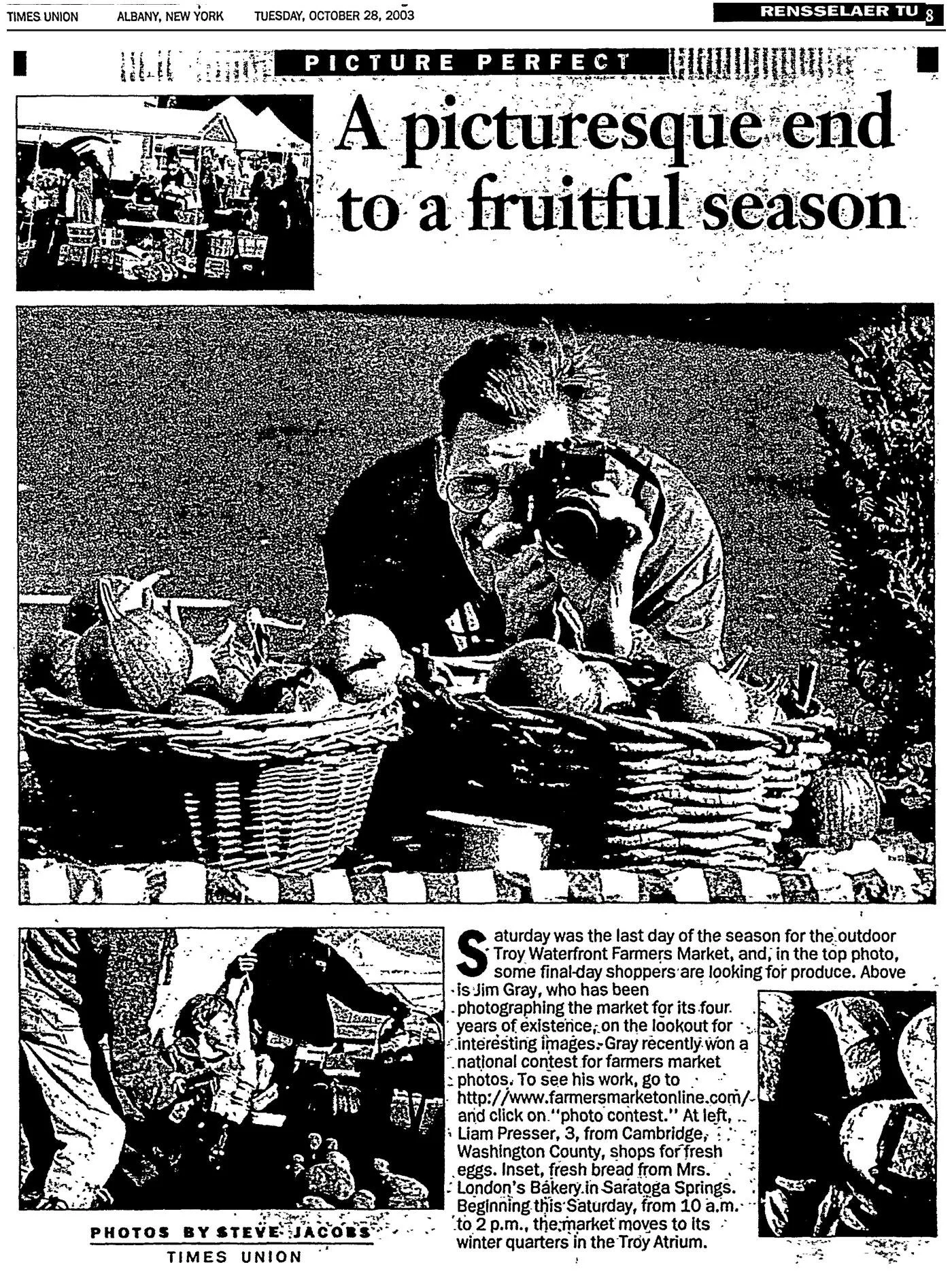 Times Union clipping, October 28, 2003, Rensselaer TU, p. 8: “A Picturesque End to a Fruitful Season,” about the Troy Waterfront Farmers Market in Troy.