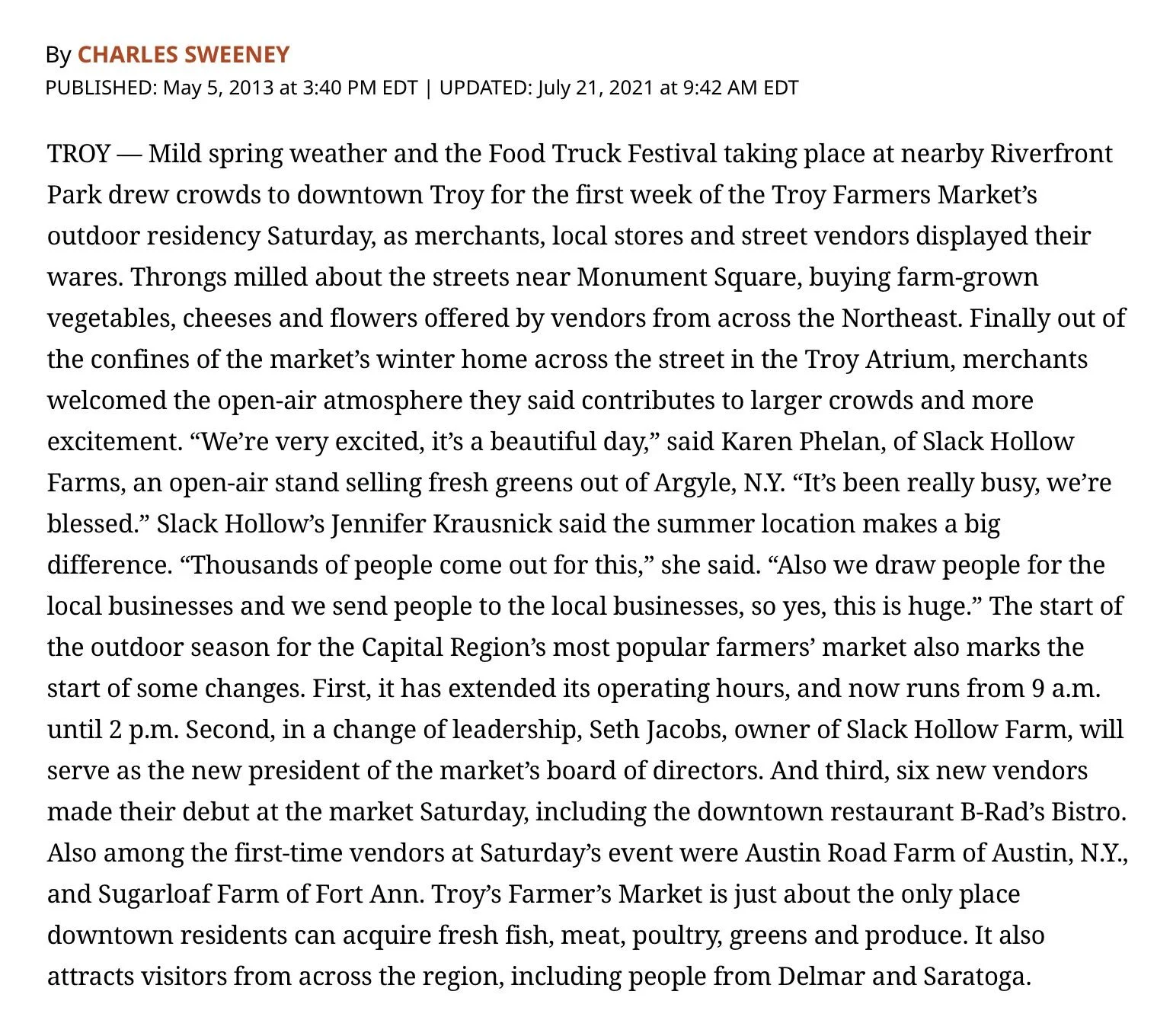 The Record website, May 5, 2013: story by Charles Sweeney on the market's first outdoor Saturday of the season, with new hours, a new board president and six new vendors.