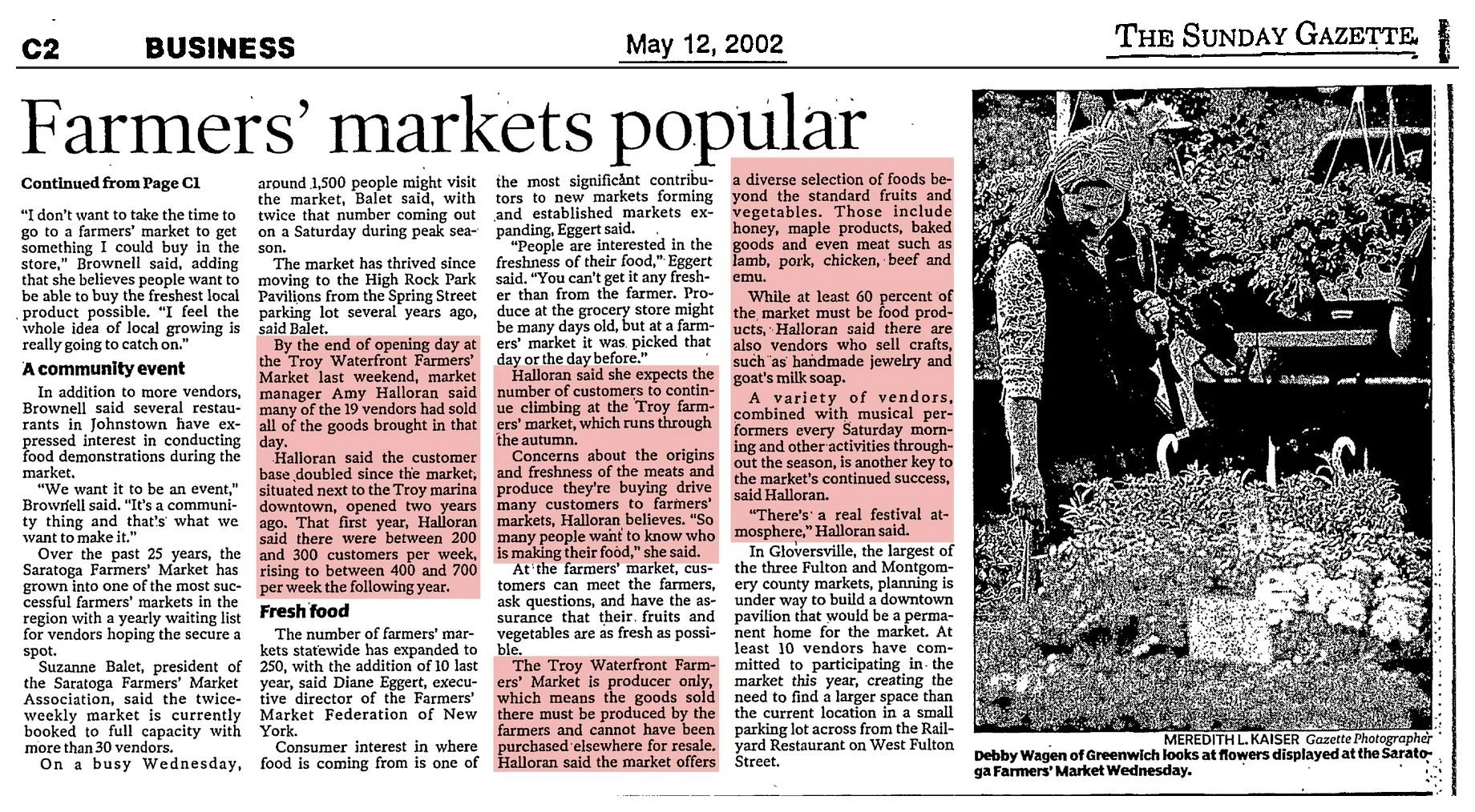 The Sunday Gazette, May 12, 2002, page C2: continuation, “Farmers’ markets popular,” with the passage on the Troy Waterfront Farmers’ Market and manager Amy Halloran highlighted.