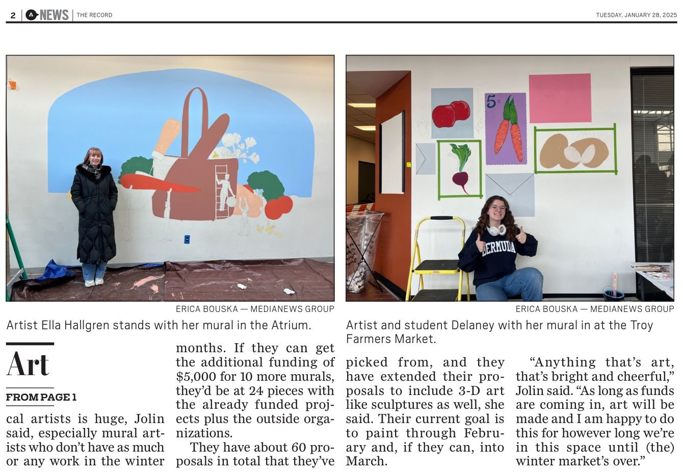 The Record page A2, Tuesday, Jan. 28, 2025: continuation of ‘Art Will Be Made’ from the front page, with photos of artist Ella Hallgren and student artist Delaney beside their murals.