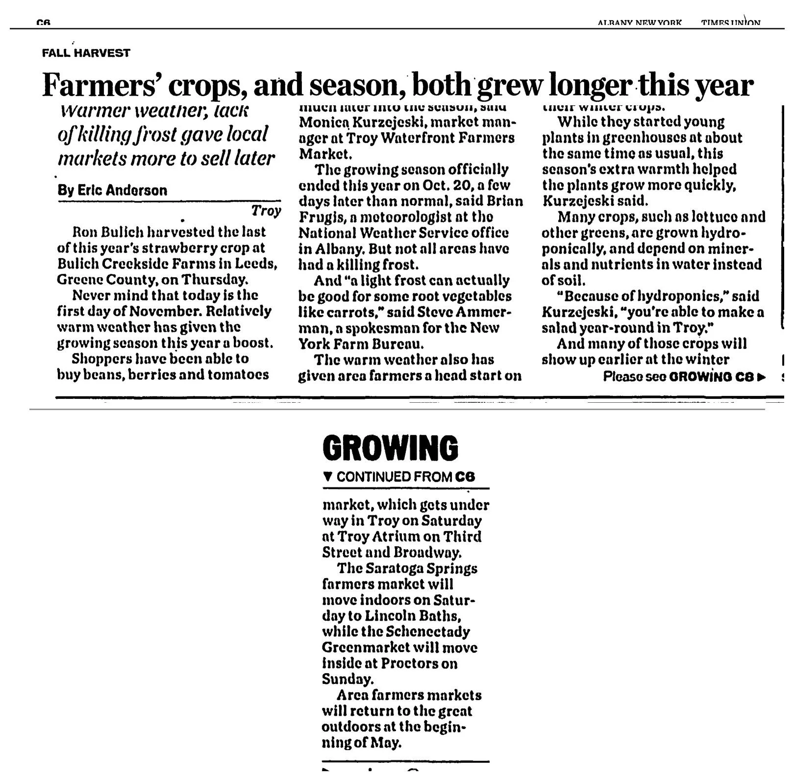 Times Union clipping, November 1, 2014, page C6 (jump to C8): “Fall Harvest: Farmers’ Crops, and Season, Both Grew Longer This Year,” which mentions the Troy Waterfront Farmers Market in Troy.