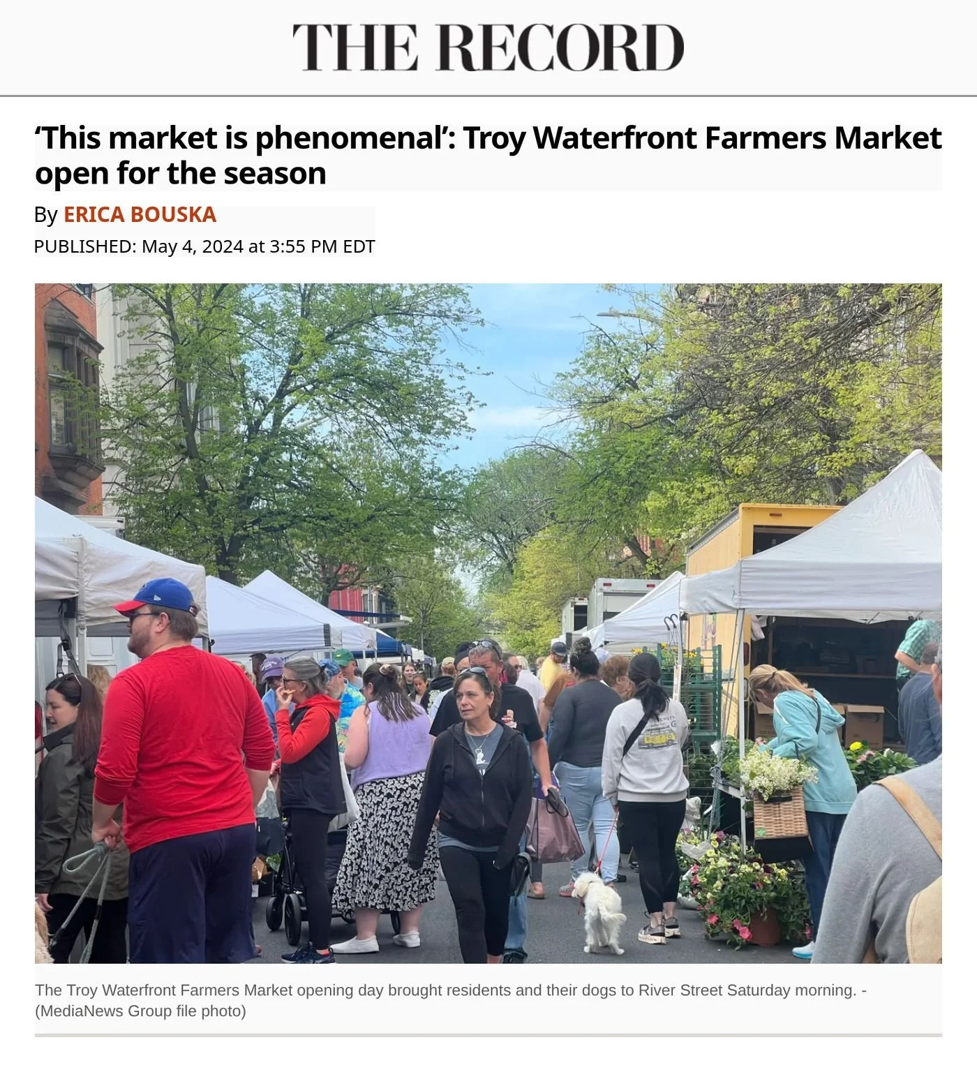 Troy Record website, May 4, 2024: ‘This Market Is Phenomenal’ by Erica Bouska, with a photo of shoppers and their dogs on River Street on opening day.