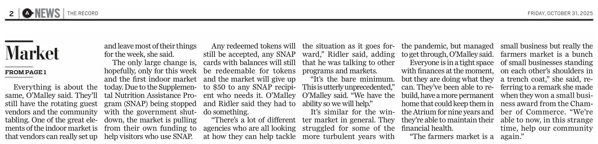 The Record page A2, Friday, Oct. 31, 2025: continuation of “Financially ‘Vital’” from the front page.
