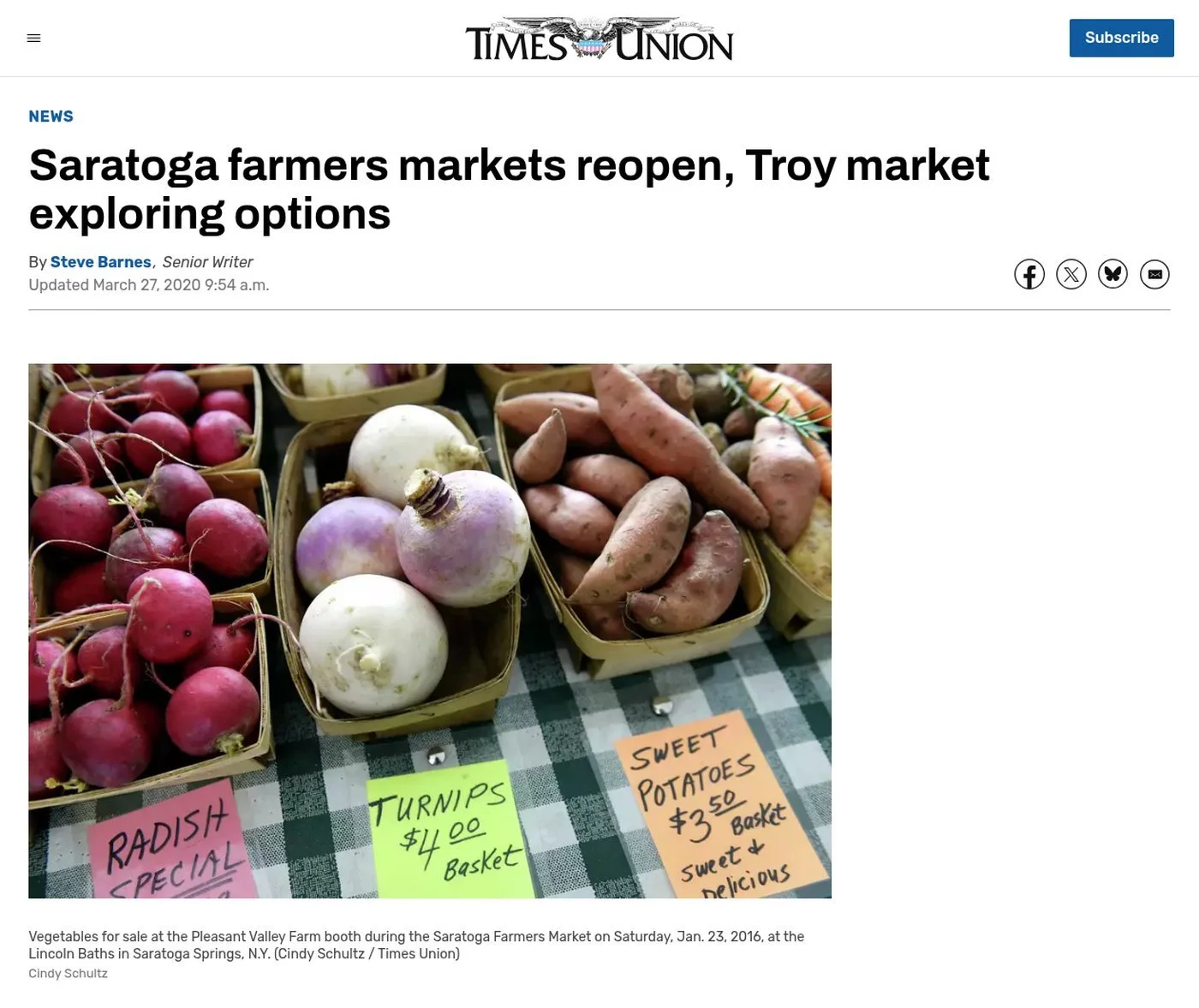 Times Union website, March 27, 2020: ‘Saratoga farmers markets reopen, Troy market exploring options’ by Steve Barnes