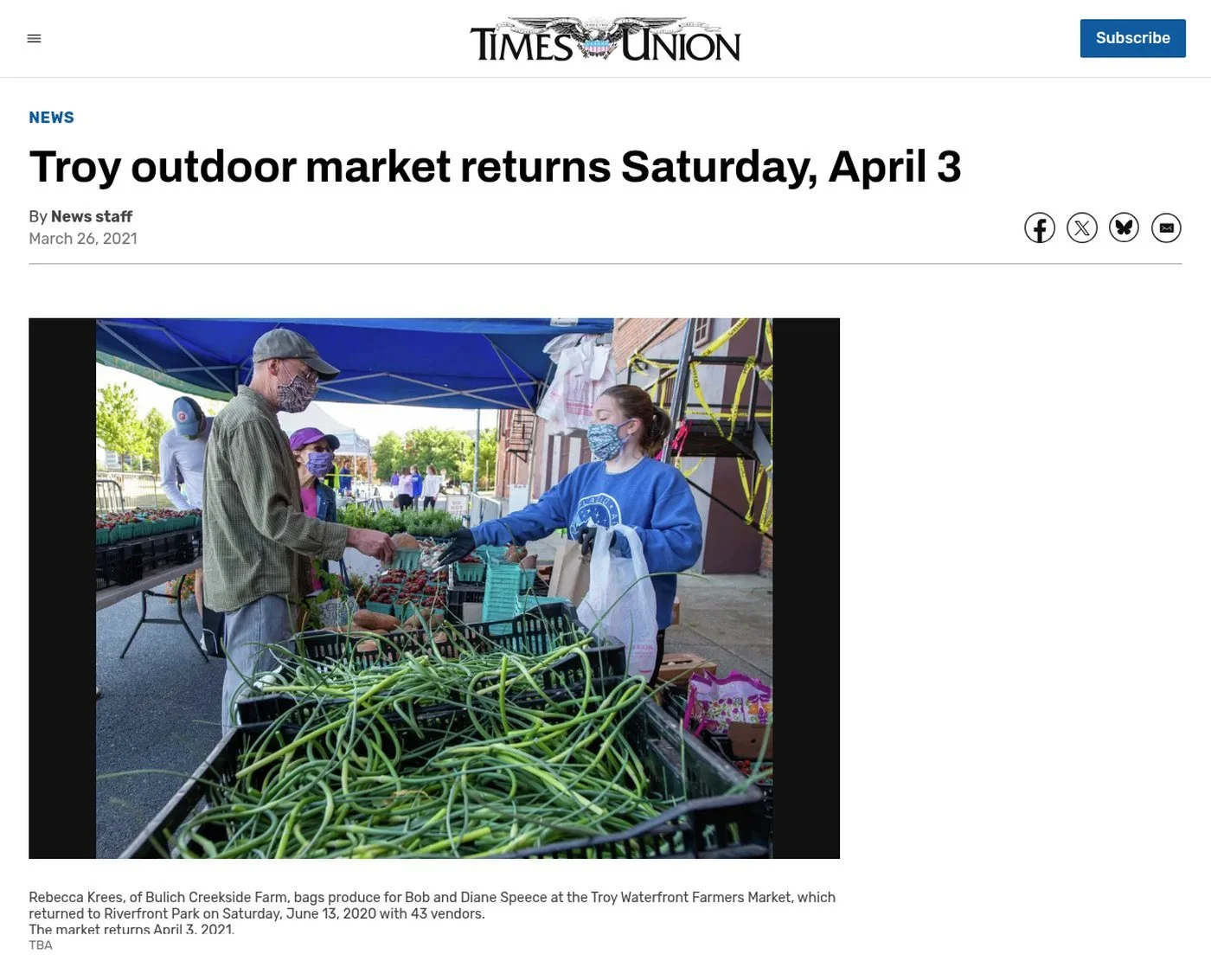 Times Union website, March 26, 2021: ‘Troy outdoor market returns Saturday, April 3’