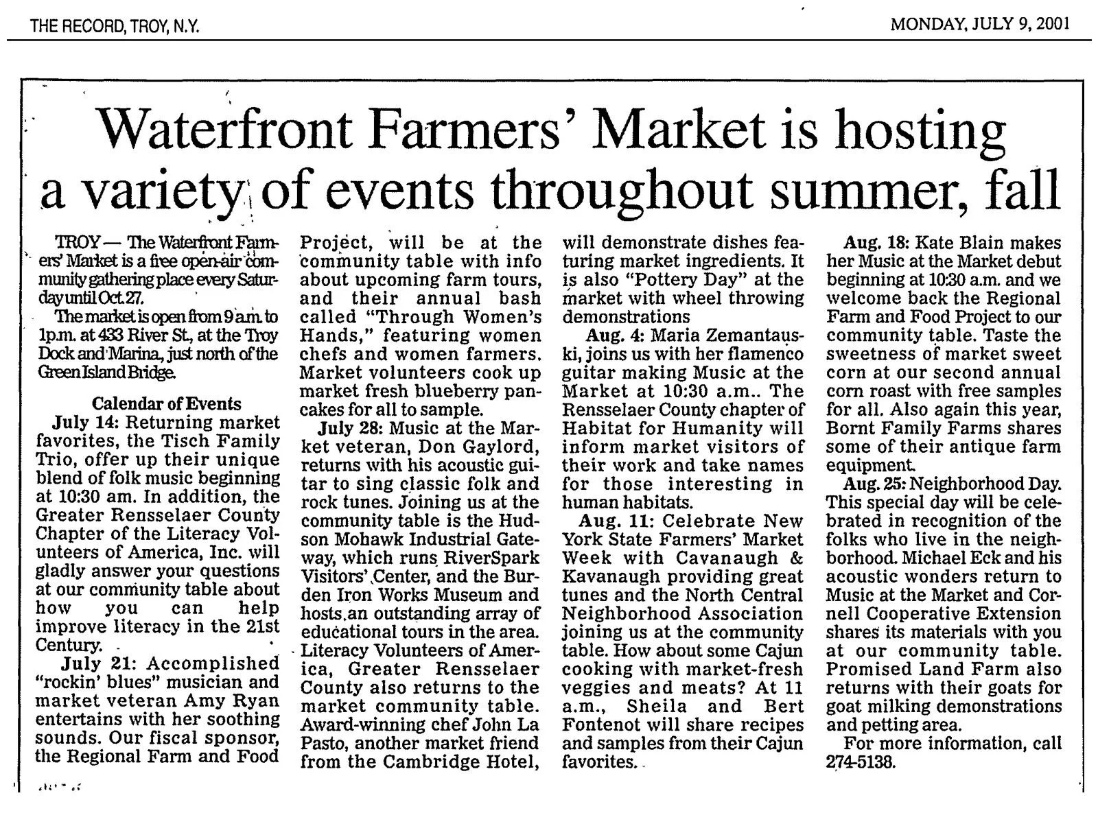 The Record clipping, July 9, 2001, page B3: "Waterfront Farmers' Market is hosting a variety of events throughout summer, fall," a calendar of market events for July and August 2001.