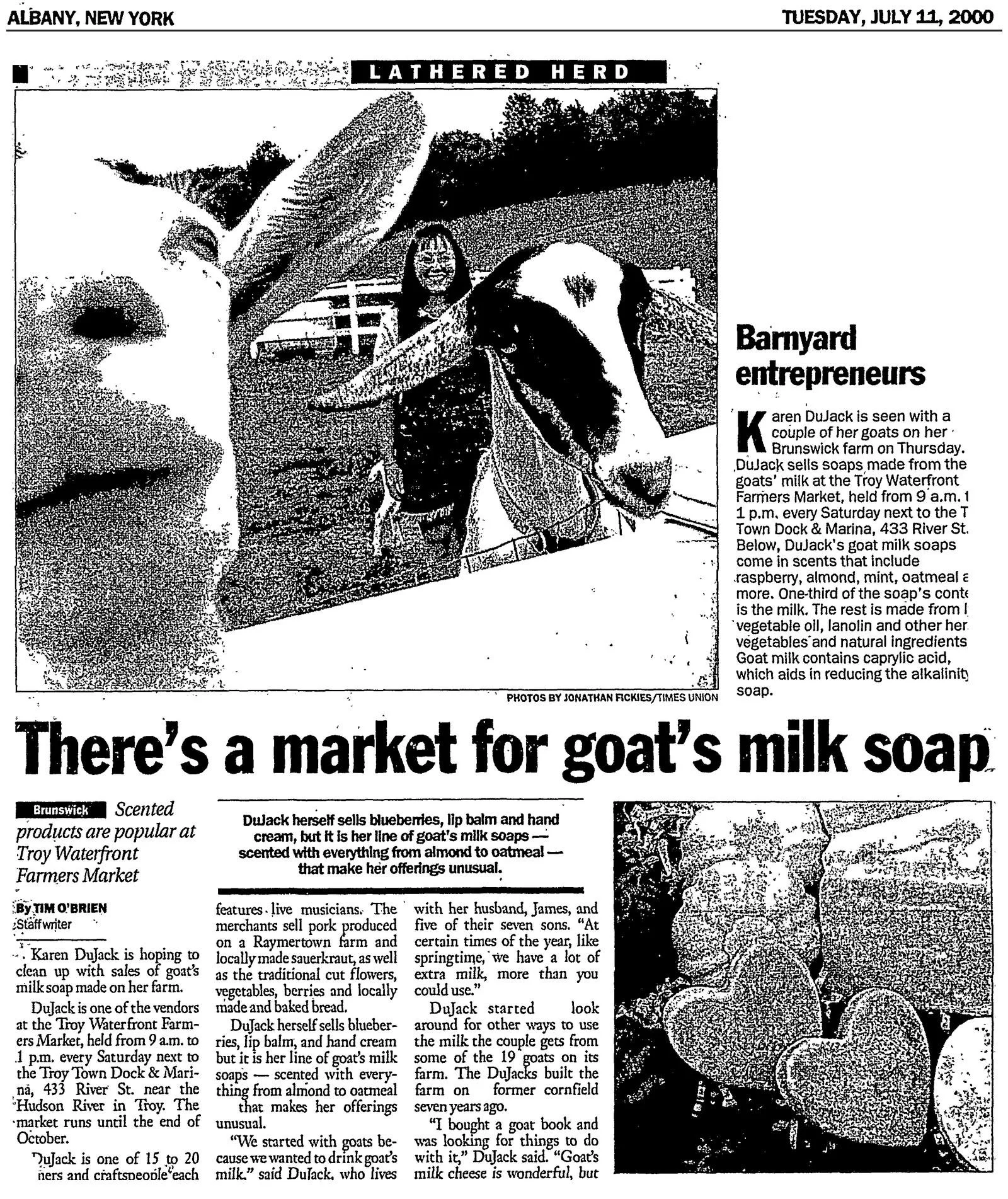 Times Union clipping, July 11, 2000: “There’s a Market for Goat’s Milk Soap,” about the Troy Waterfront Farmers Market in Troy.