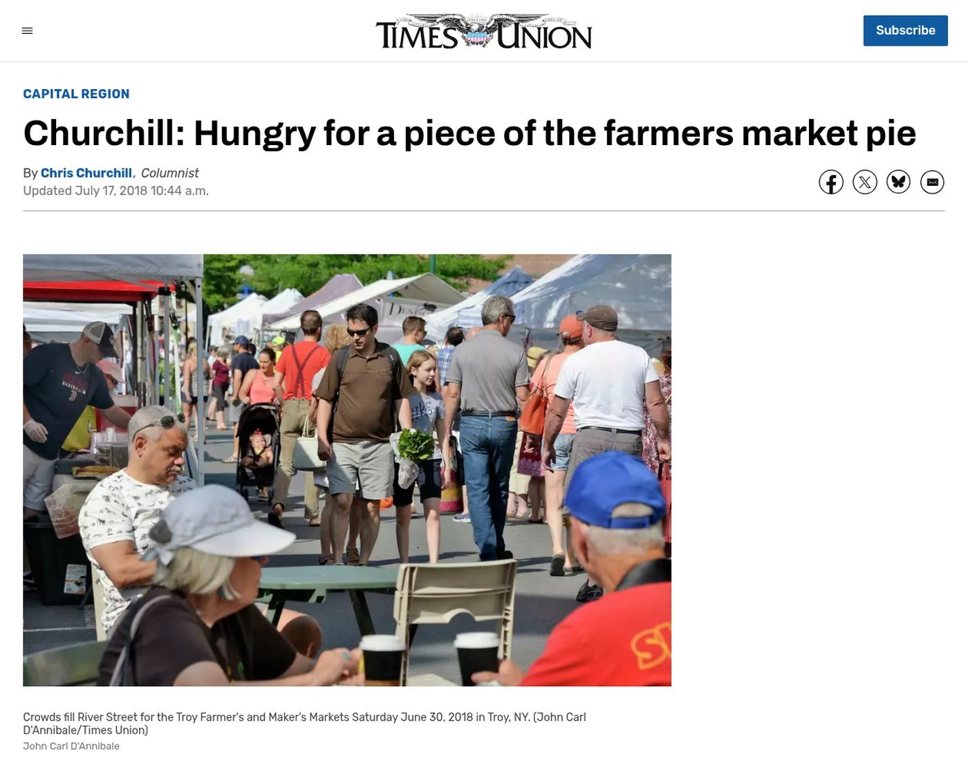 Times Union website, July 16, 2018: ‘Churchill: Hungry for a piece of the farmers market pie’ by Chris Churchill