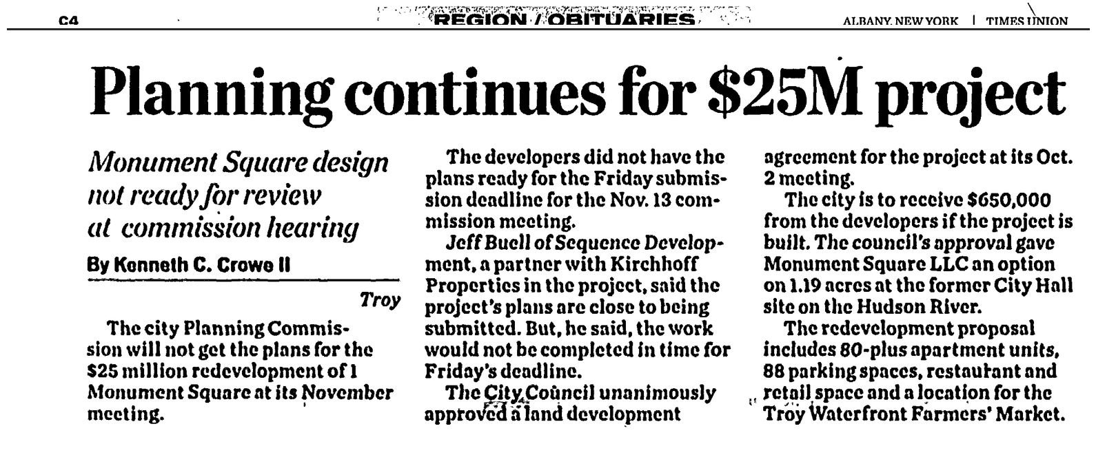 Times Union clipping, early November 2014, page C4: “Planning Continues for $25M Project,” which mentions the Troy Waterfront Farmers Market in Troy.