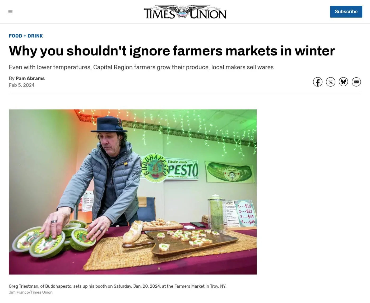 Times Union website, Feb. 5, 2024: ‘Why you shouldn't ignore farmers markets in winter’ by Pam Abrams
